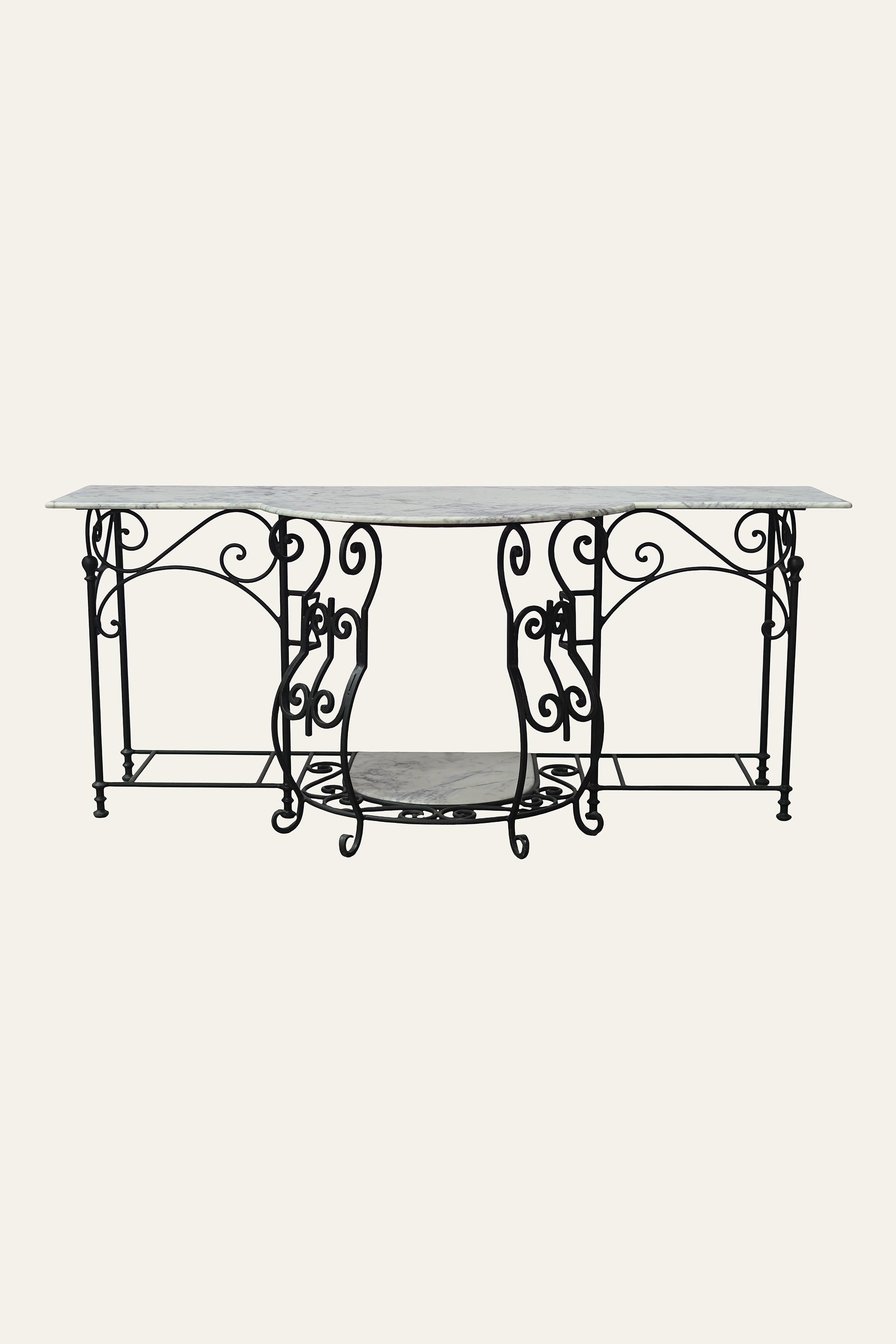 Parisian Wrought Iron Scroll Console Table with Marble Top | Luxury Entryway Table