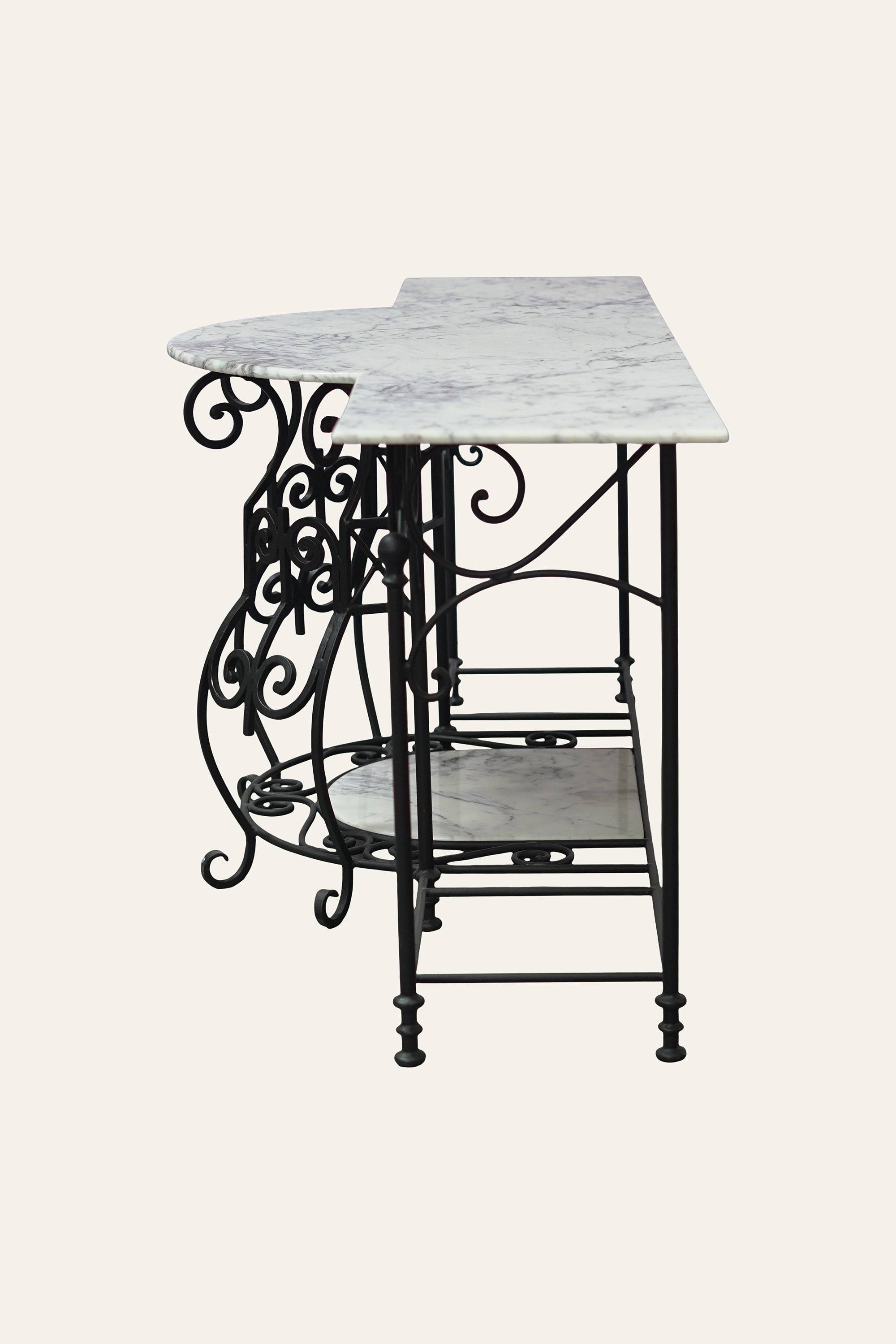 Parisian Wrought Iron Scroll Console Table with Marble Top | Luxury Entryway Table