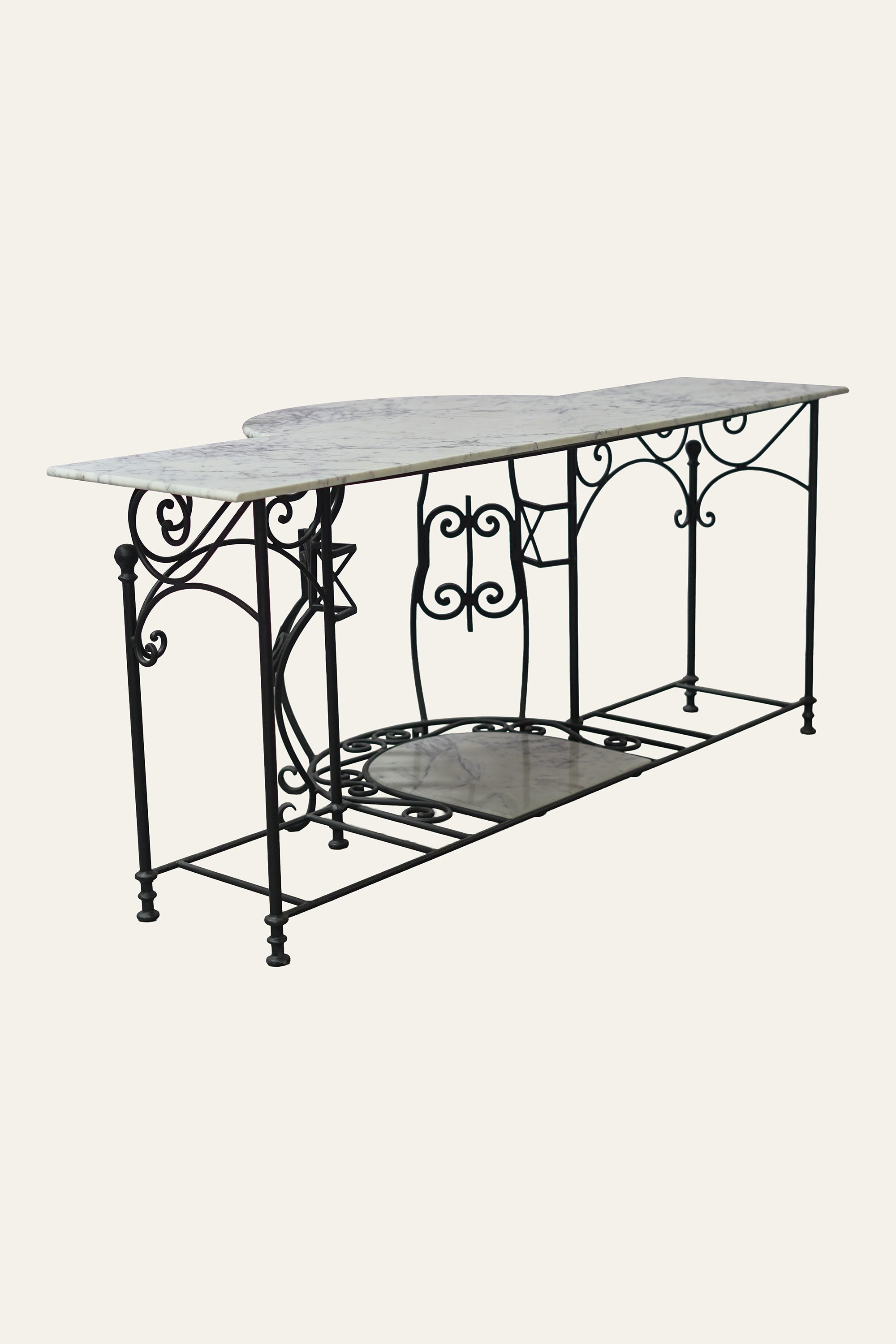 Parisian Wrought Iron Scroll Console Table with Marble Top | Luxury Entryway Table
