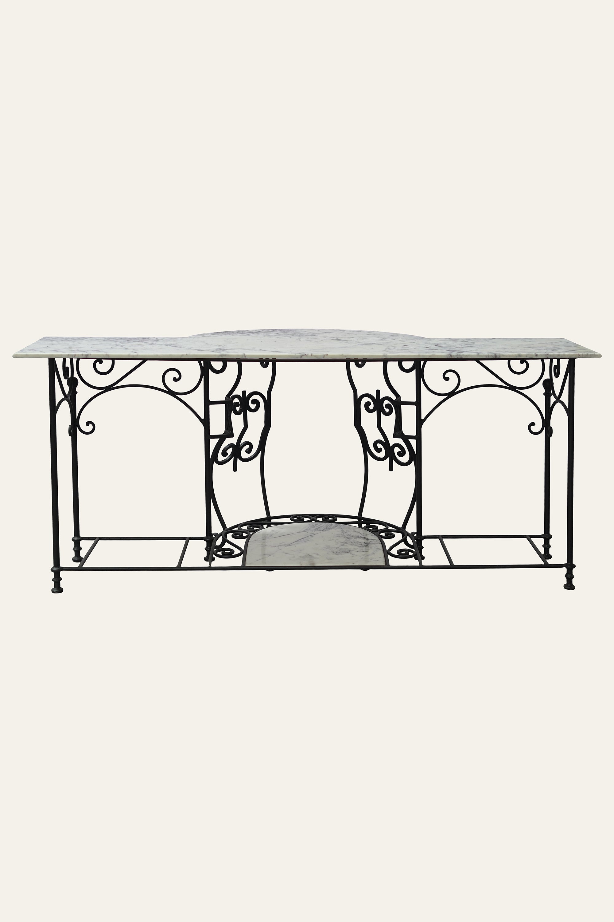 Parisian Wrought Iron Scroll Console Table with Marble Top | Luxury Entryway Table