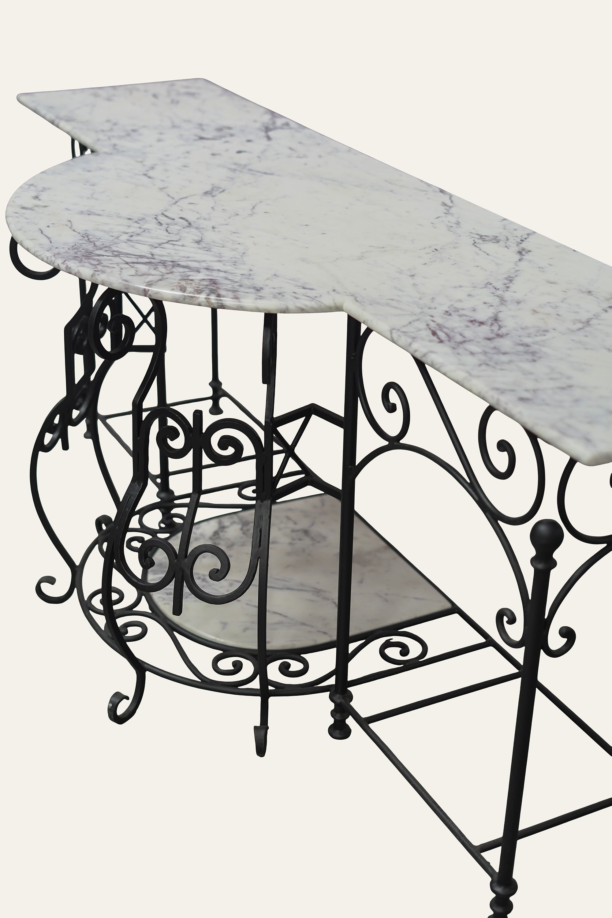 Parisian Wrought Iron Scroll Console Table with Marble Top | Luxury Entryway Table
