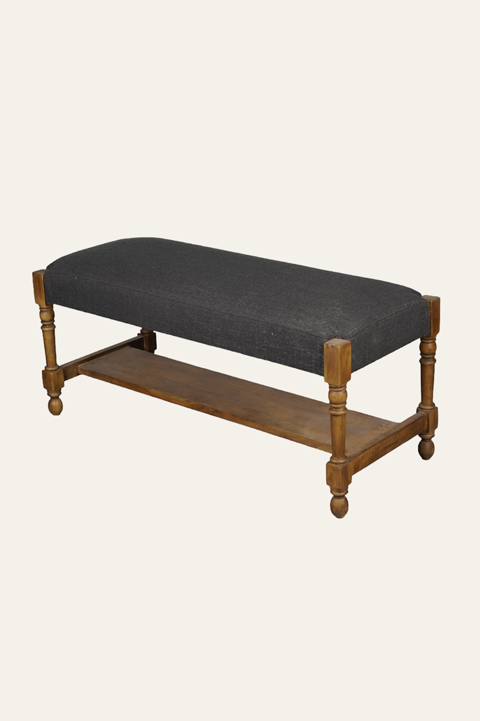Charcoal Black Upholstered Solid Wood Bench with Lower Shelf