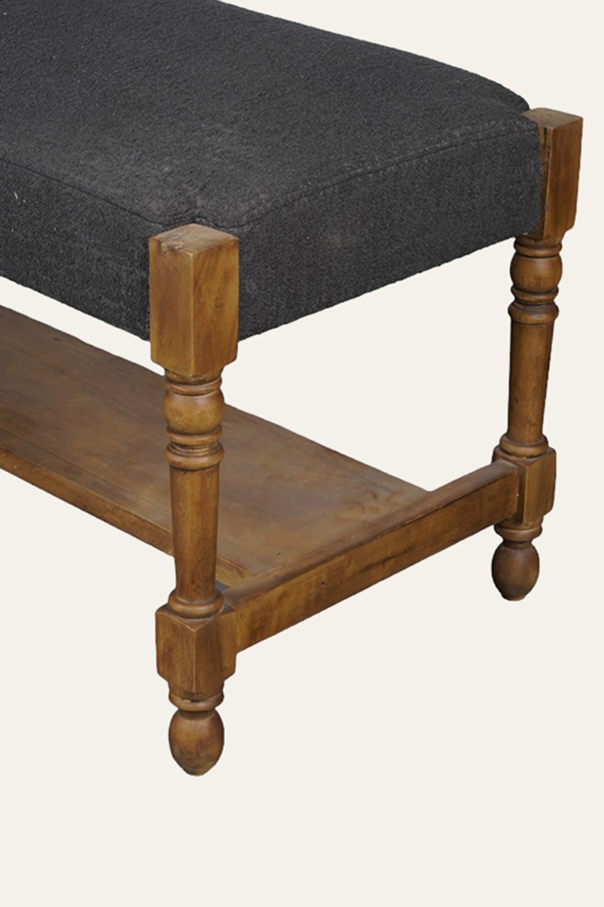 Charcoal Black Upholstered Solid Wood Bench with Lower Shelf