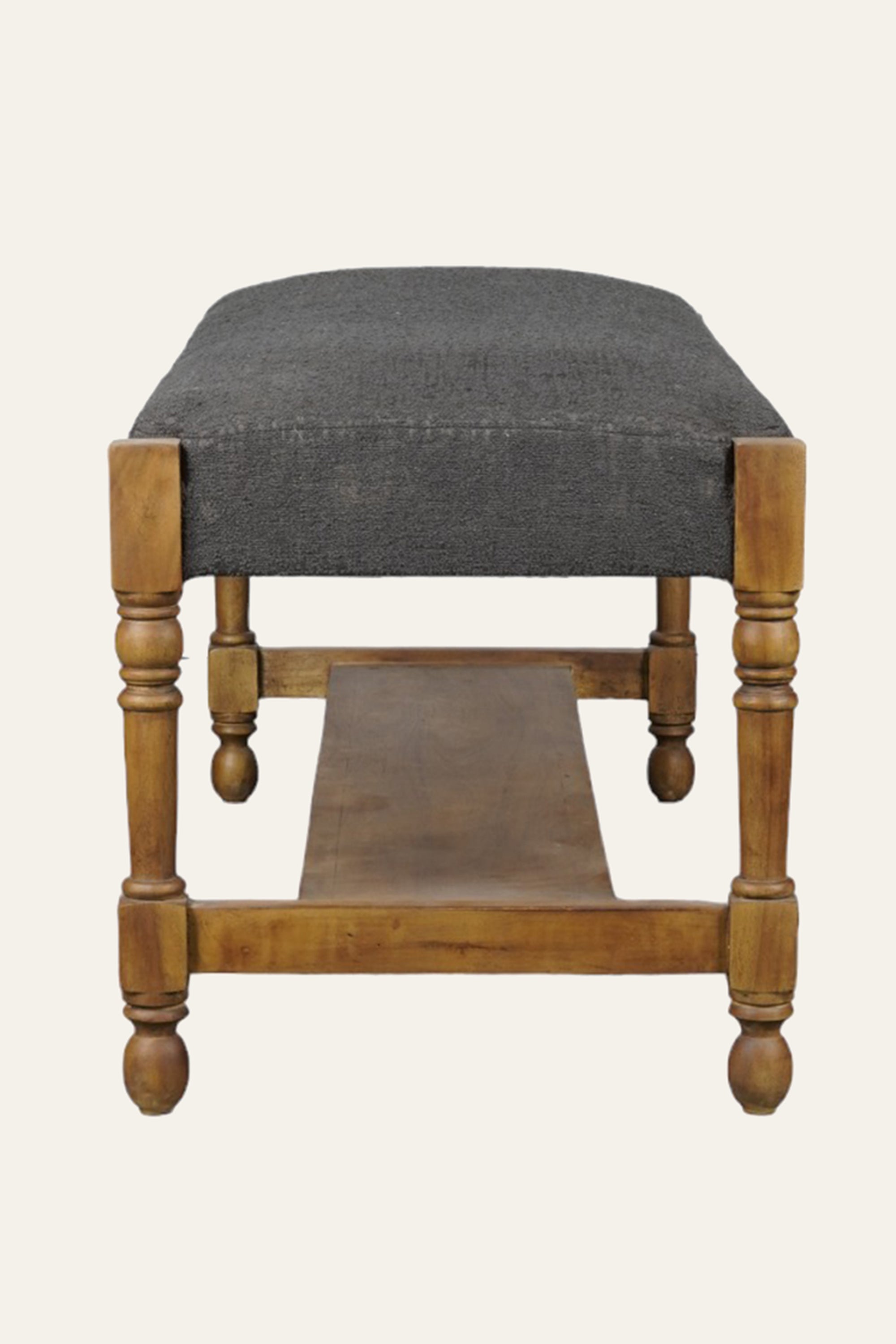 Charcoal Black Upholstered Solid Wood Bench with Lower Shelf