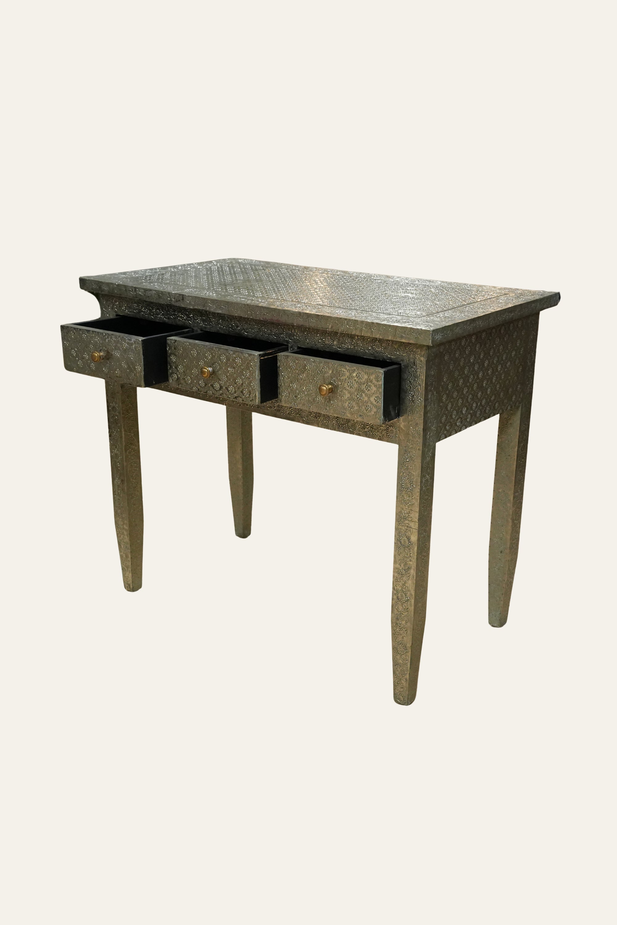 White Metal Embossed Console Table with 2 Drawers