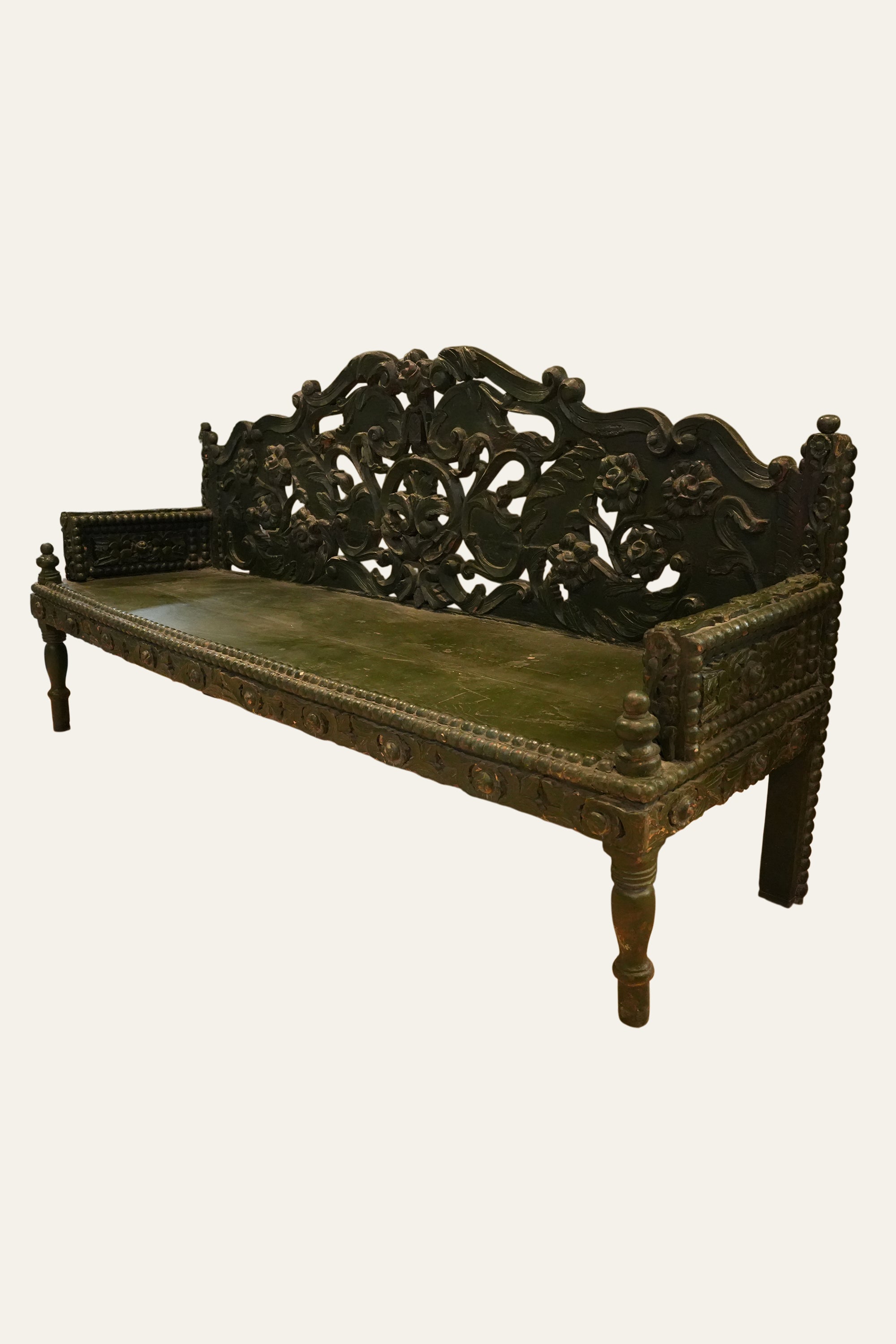 Vintage Carved Green Bench for Living Room