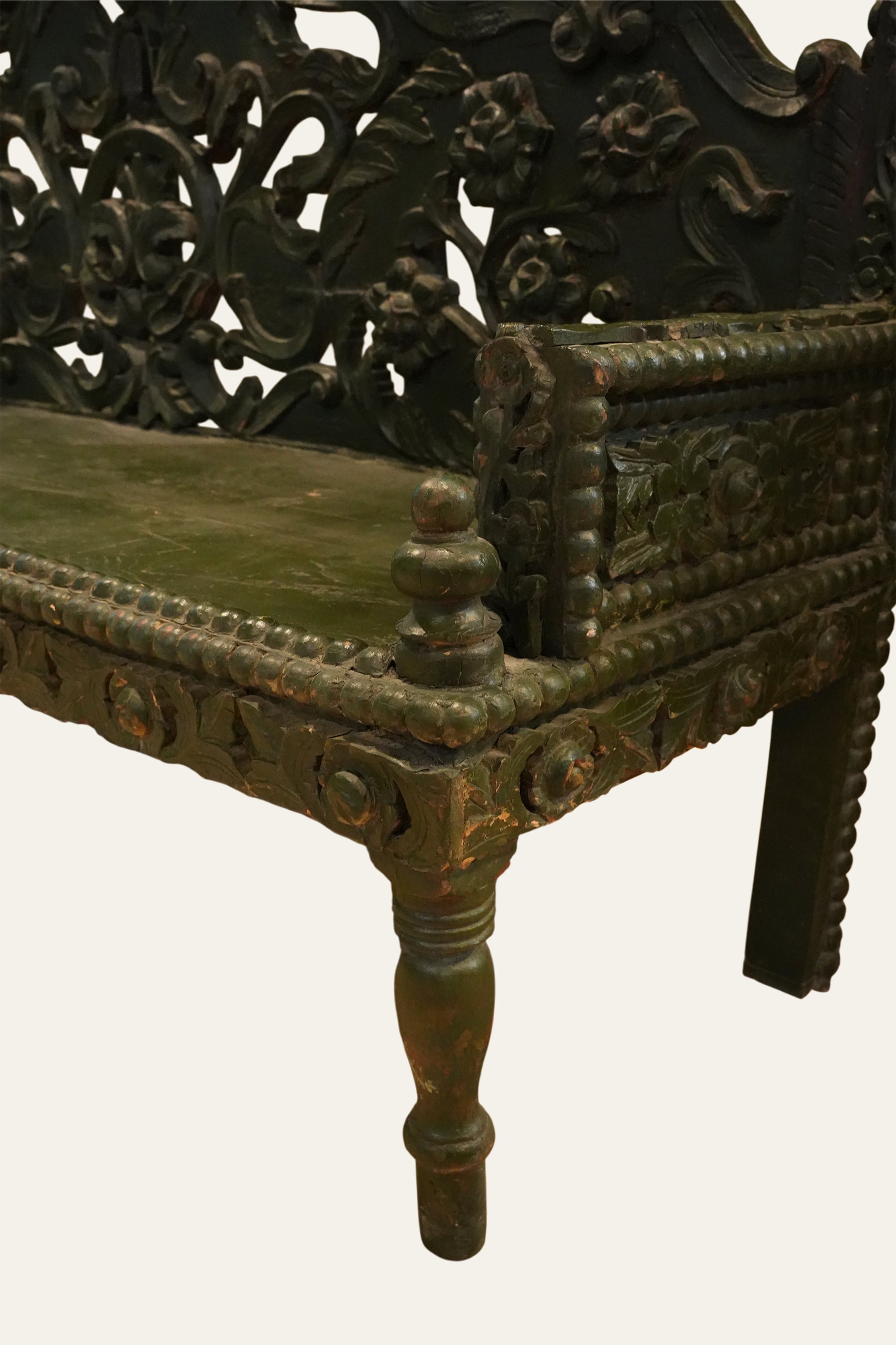 Vintage Carved Green Bench for Living Room