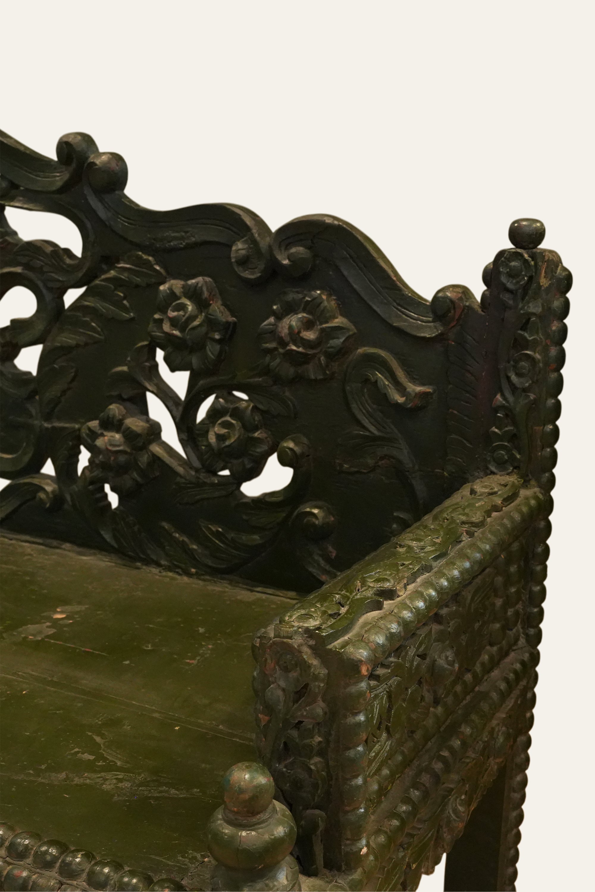 Vintage Carved Green Bench for Living Room