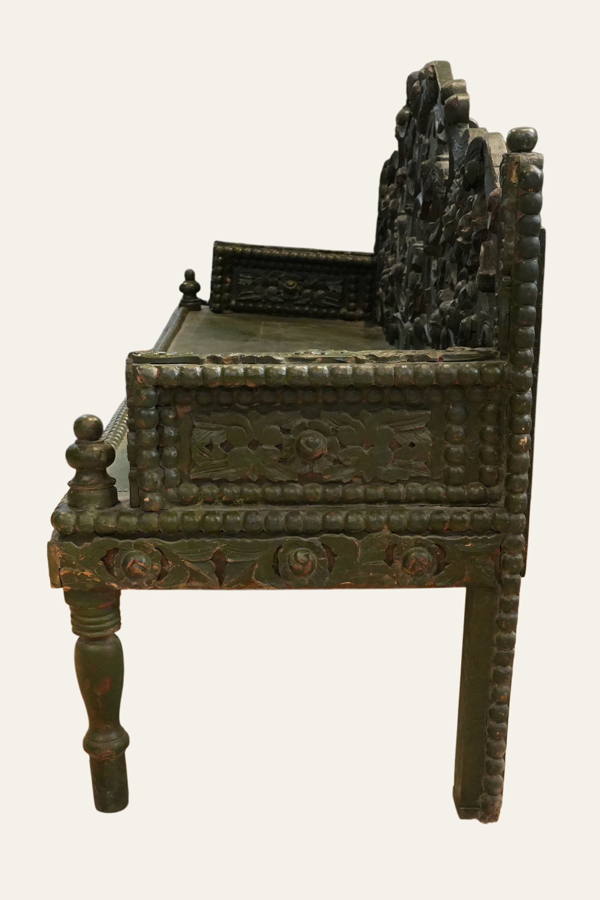 Vintage Carved Green Bench for Living Room