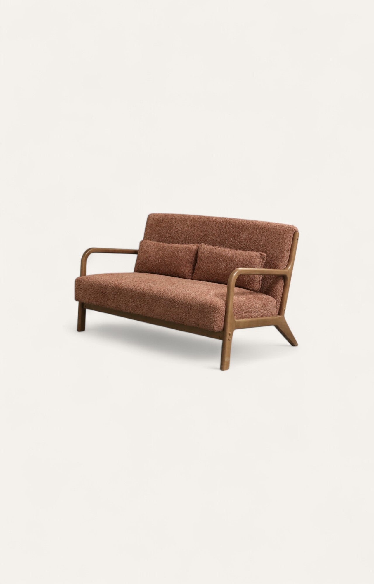 2-seat bouclé sofa made of curved rubber wood arms, comes with soft cushions