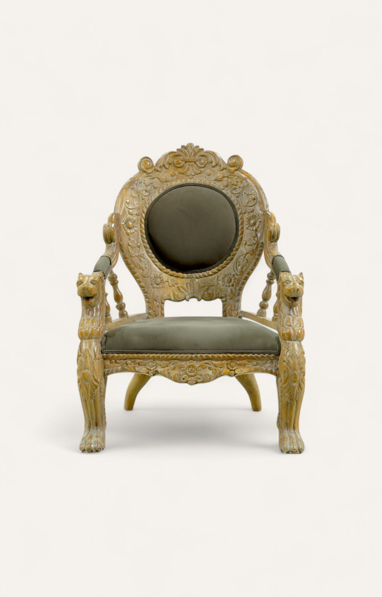 Majestic Indian Wooden Armchair with Carved Lions