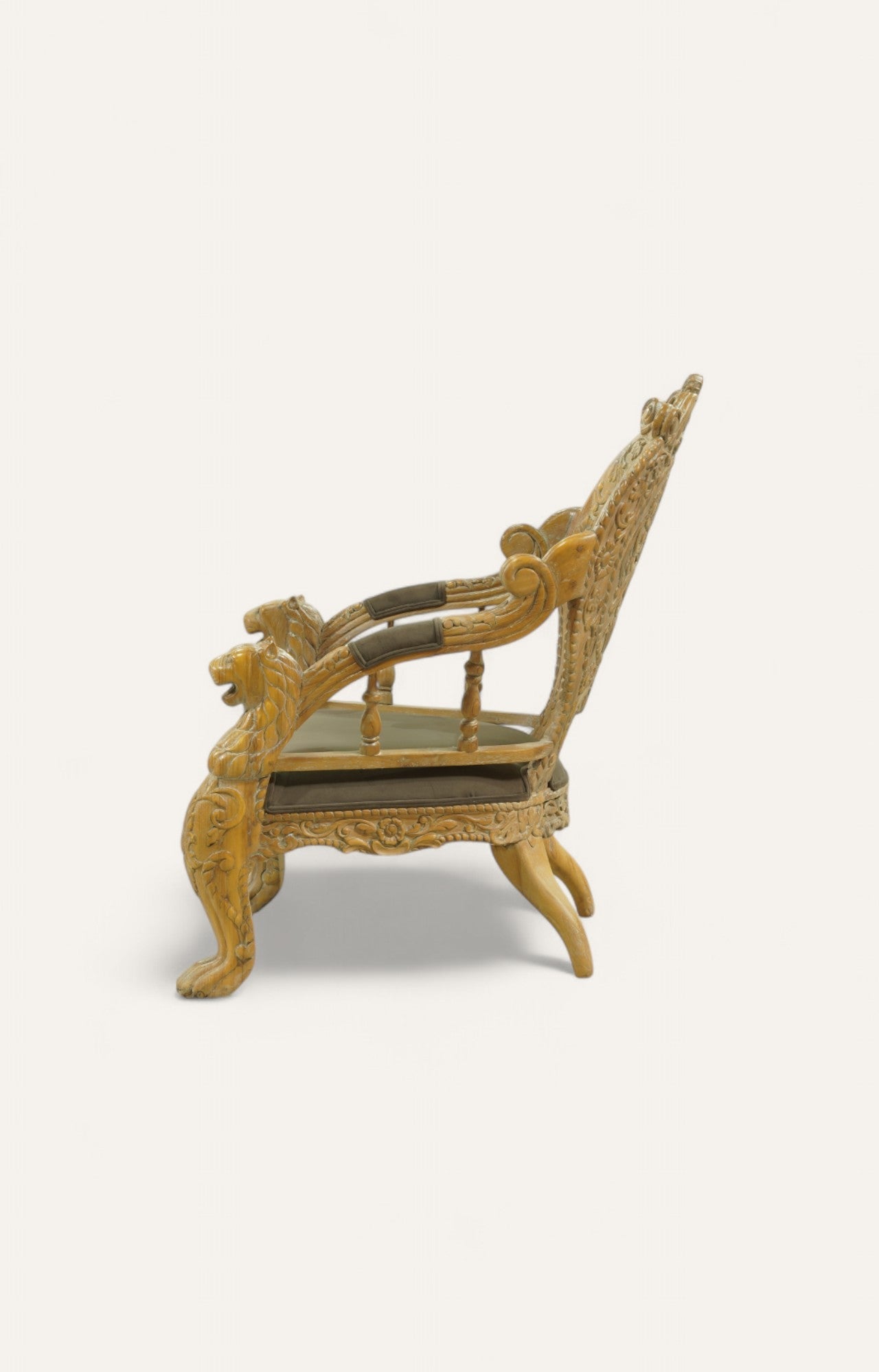 Majestic Indian Wooden Armchair with Carved Lions
