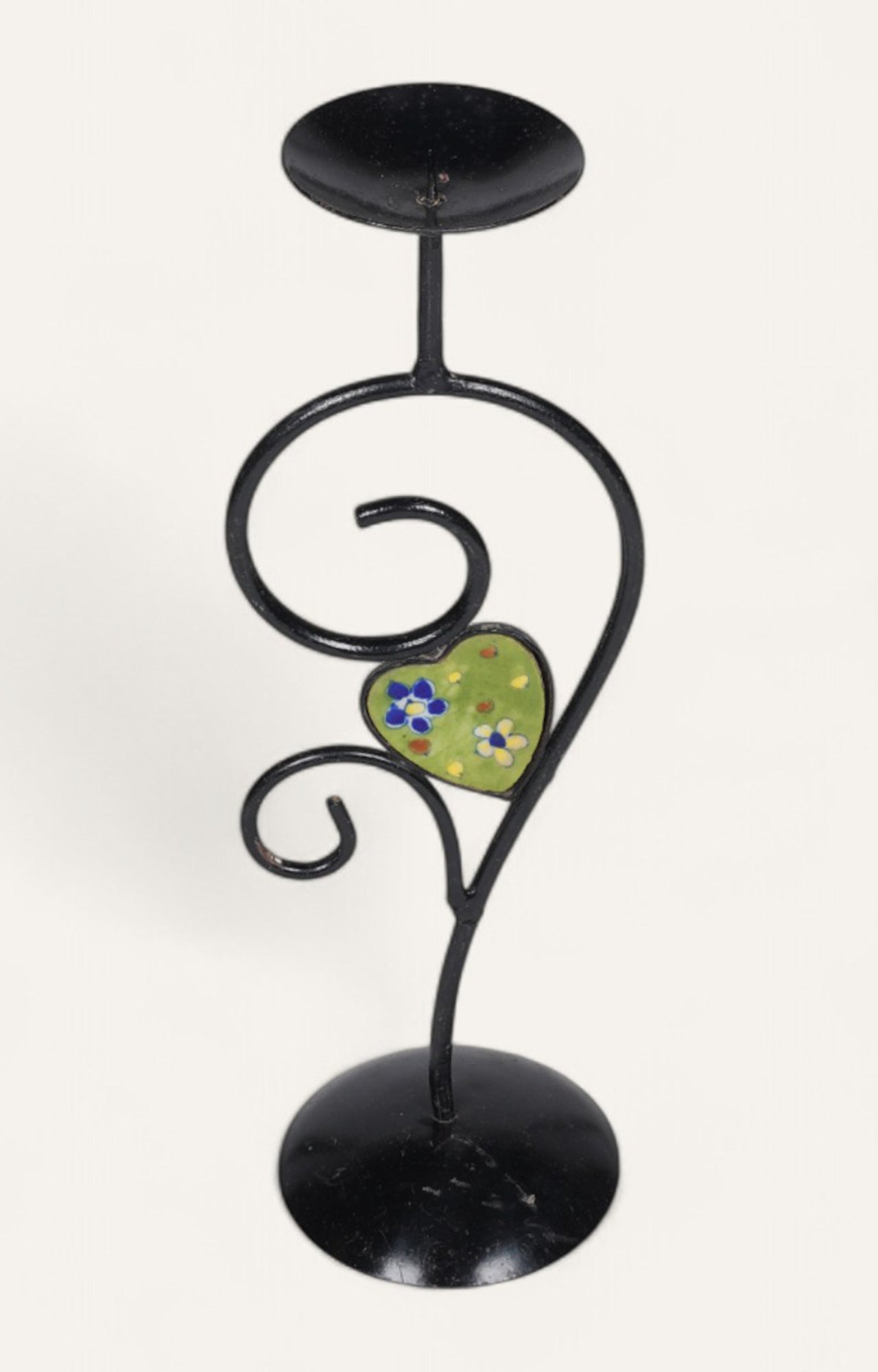 Curved Black Metal Candle Stand with Enamel Accent