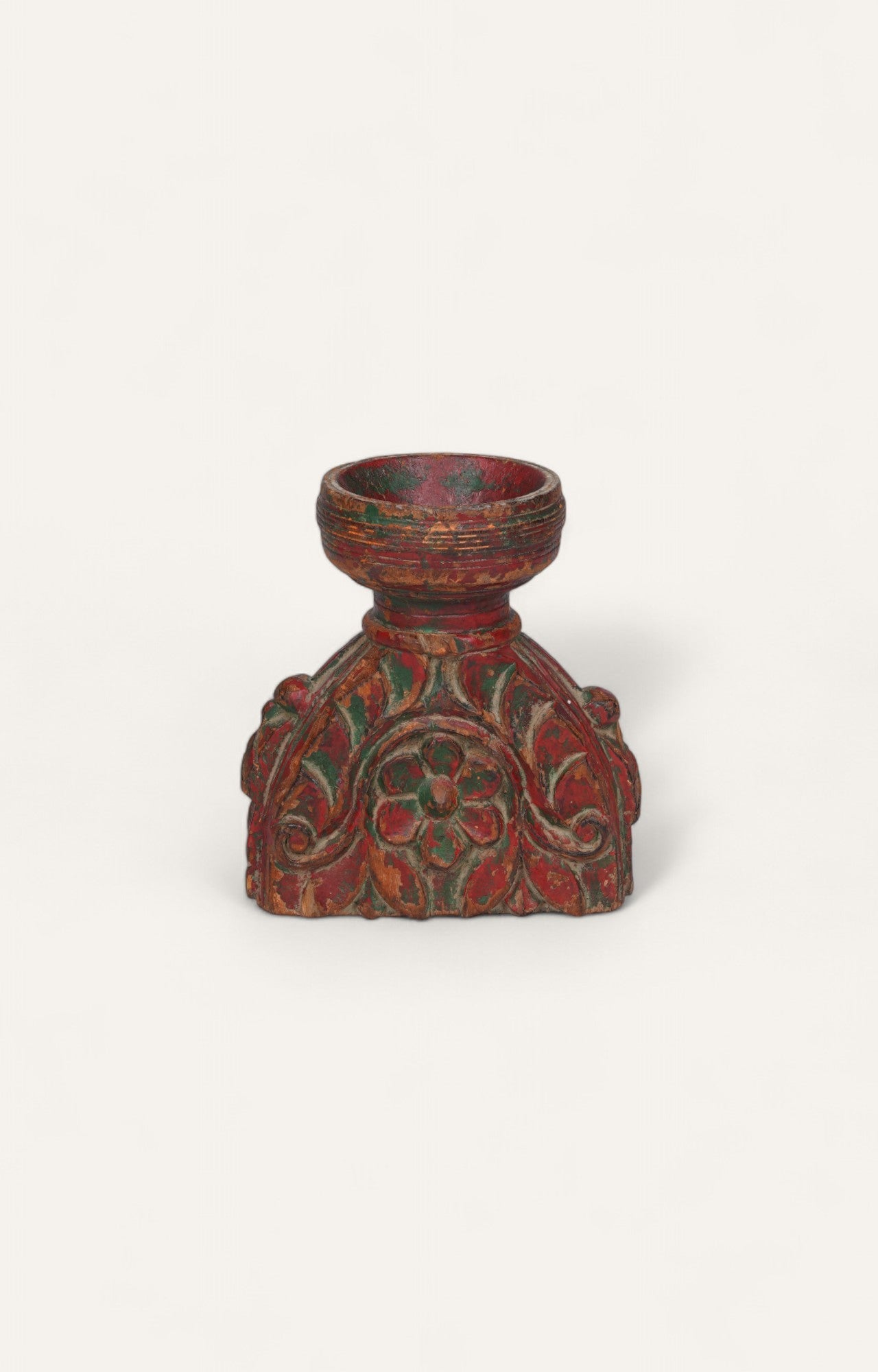 Vintage Red Floral Teak Candle Stand