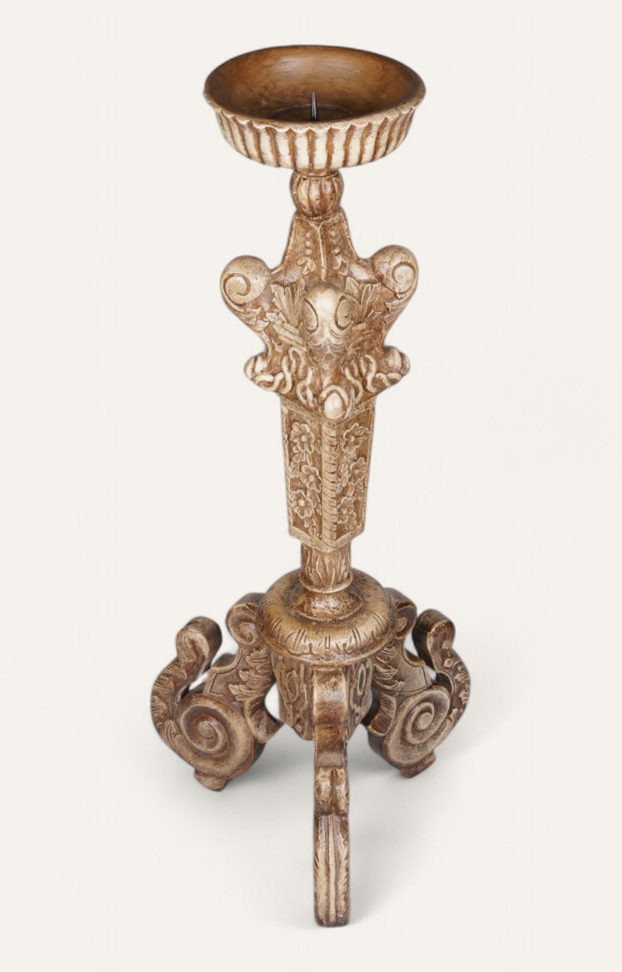 Vintage Baroque Scroll Teak Candle Stand