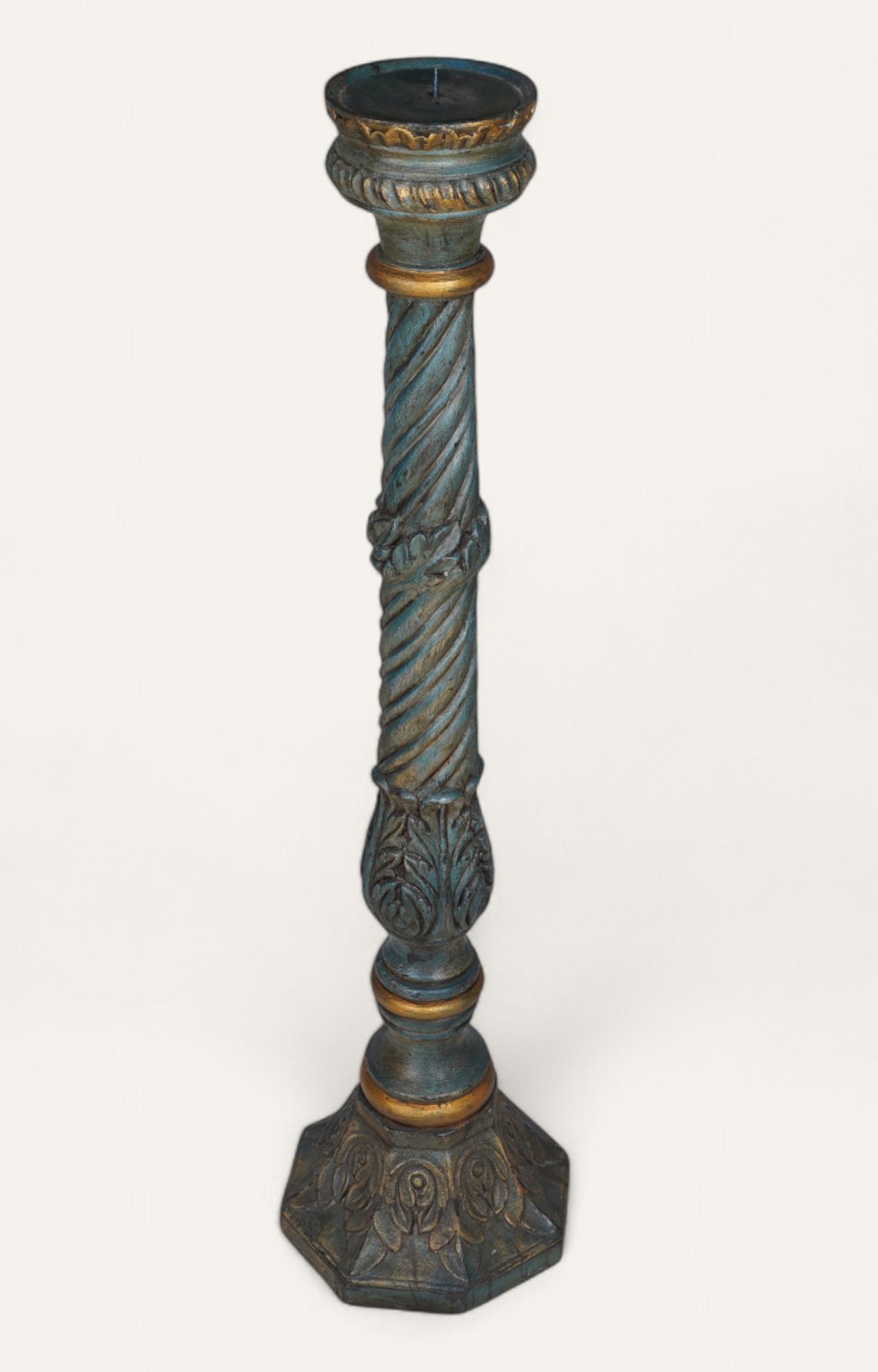 Verdigris Temple Pillar Wood Candle Stand