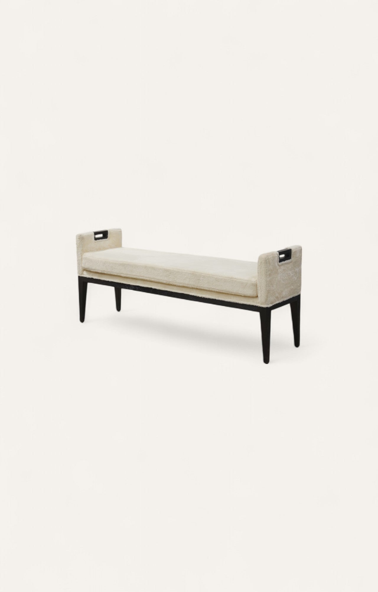 Modern black-finished acacia bench with faux fur upholstery and handle-style armrests
