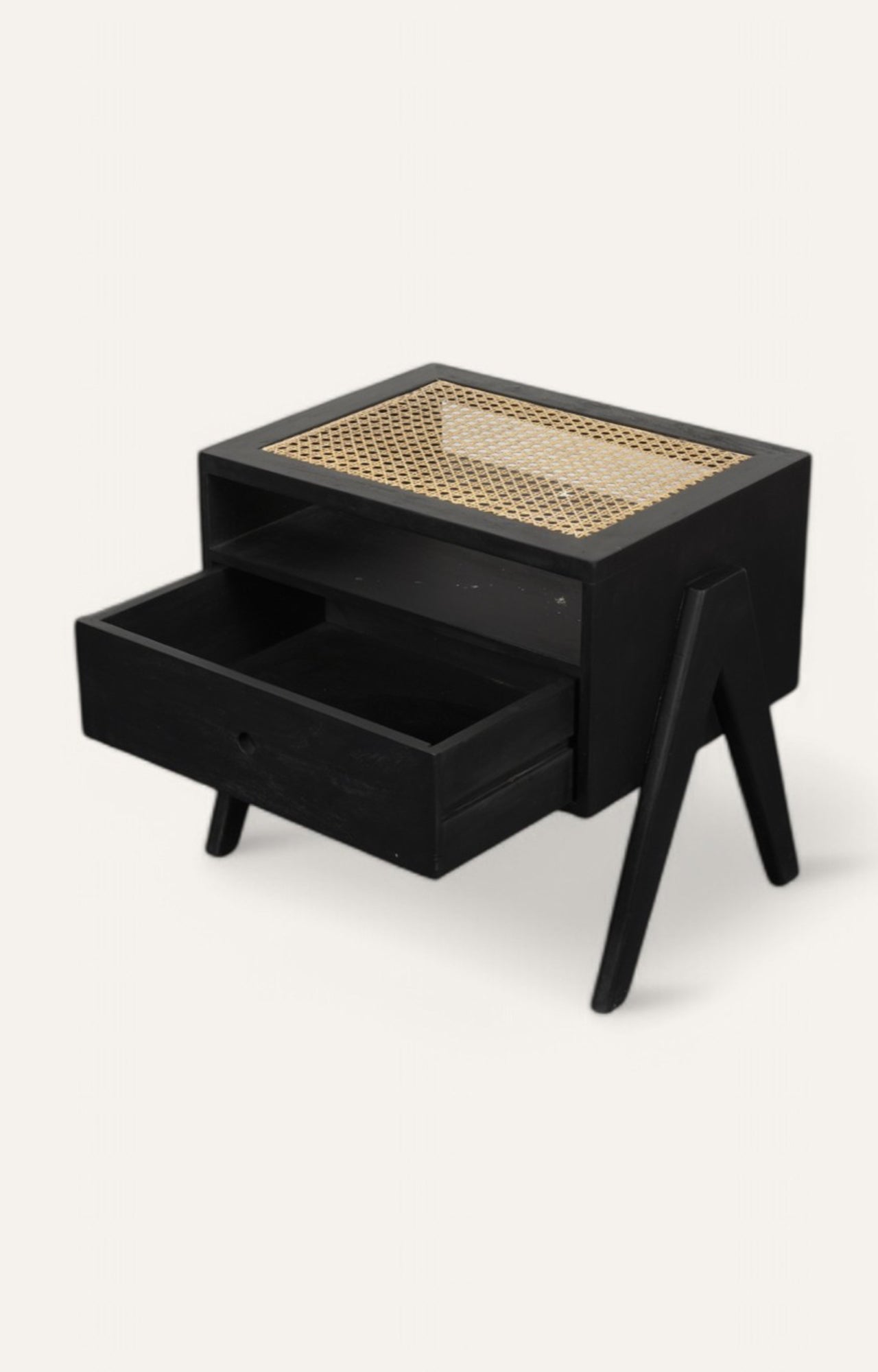 Midnight Black Cane-Weave Top Wooden Bedside Table with Drawer