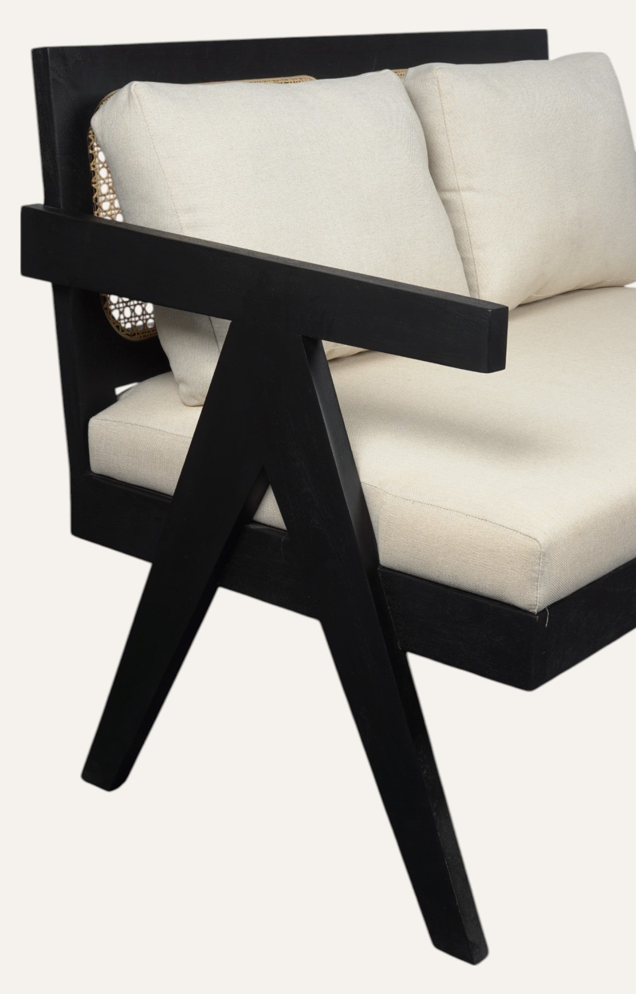 Modern Black Acacia Sofa with Cane & Linen