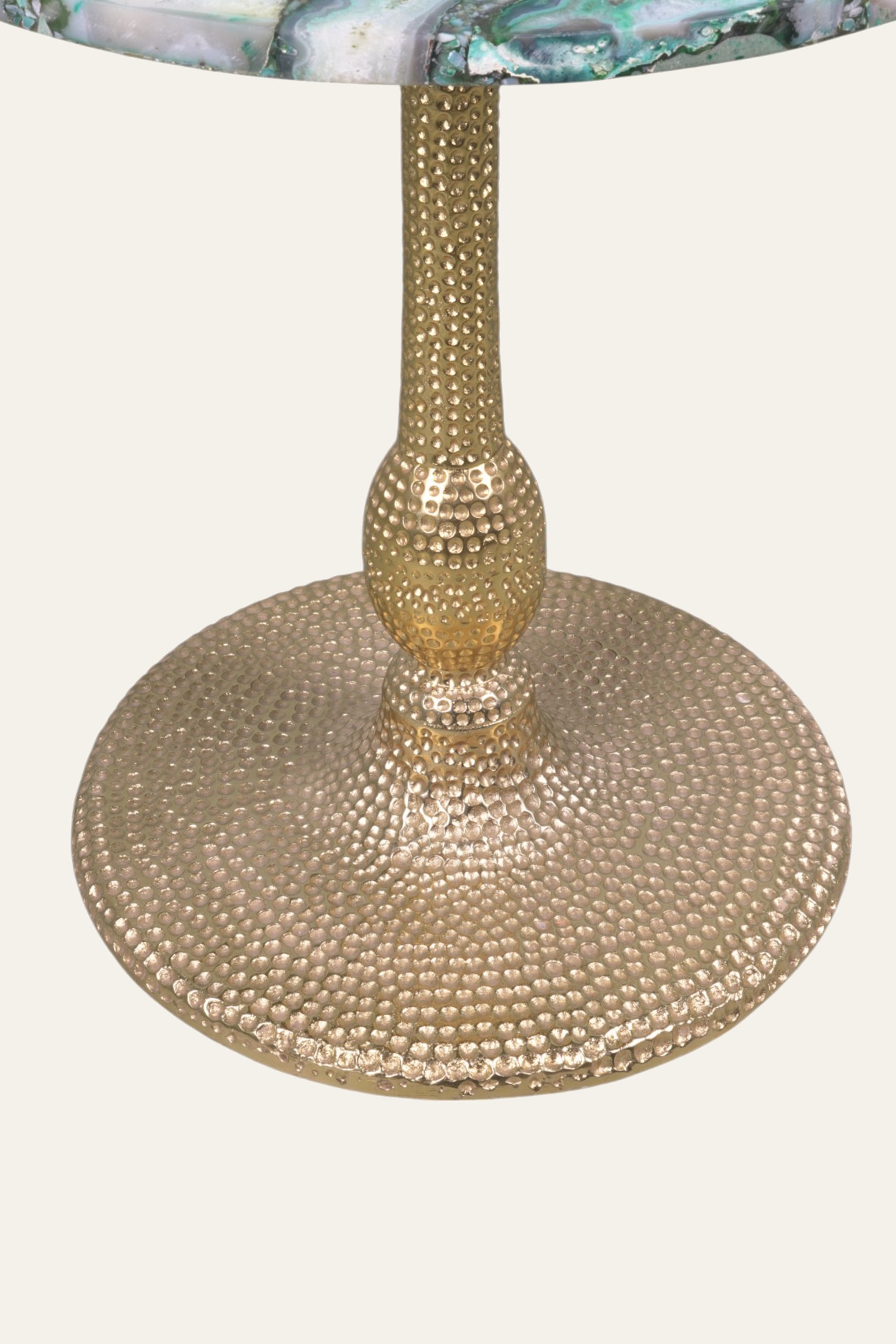 Round Green Agate Side Table with Textured Gold Pedestal Base