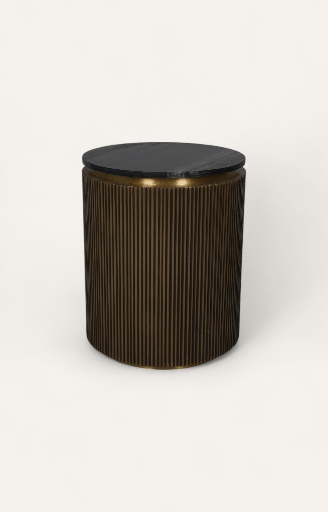  Round brass side table with fluted texture and marble top
