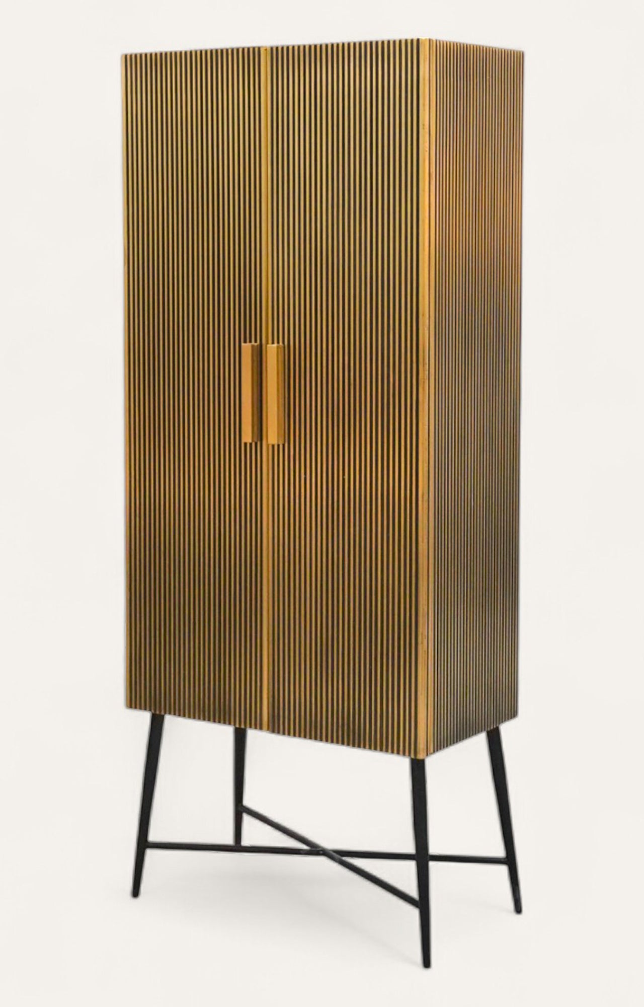 Tall Brass-Clad Cabinet with Iron Legs