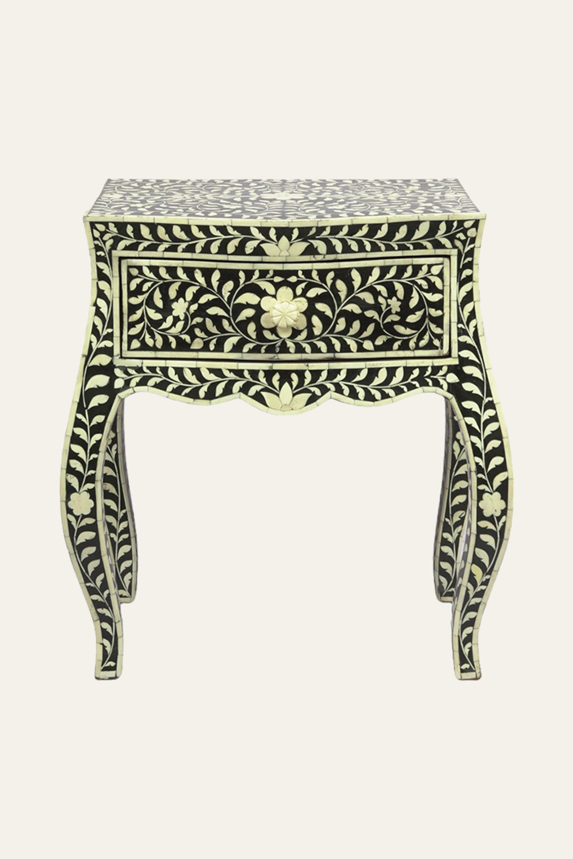 Floral Pattern Bone Inlay 1-Drawer Bedside Table