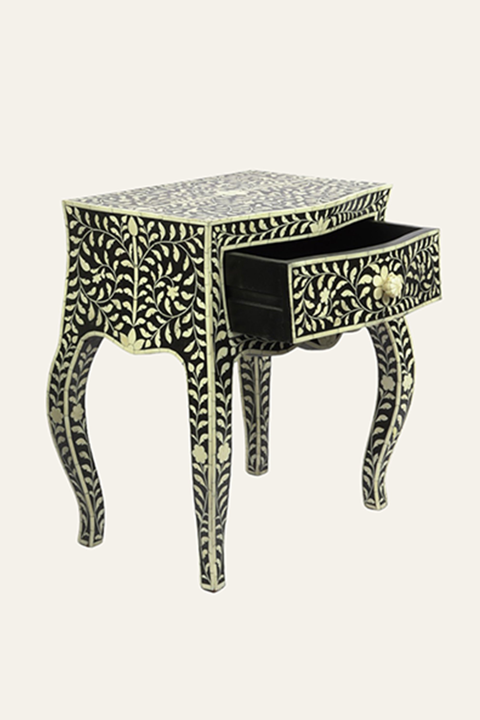 Floral Pattern Bone Inlay 1-Drawer Bedside Table
