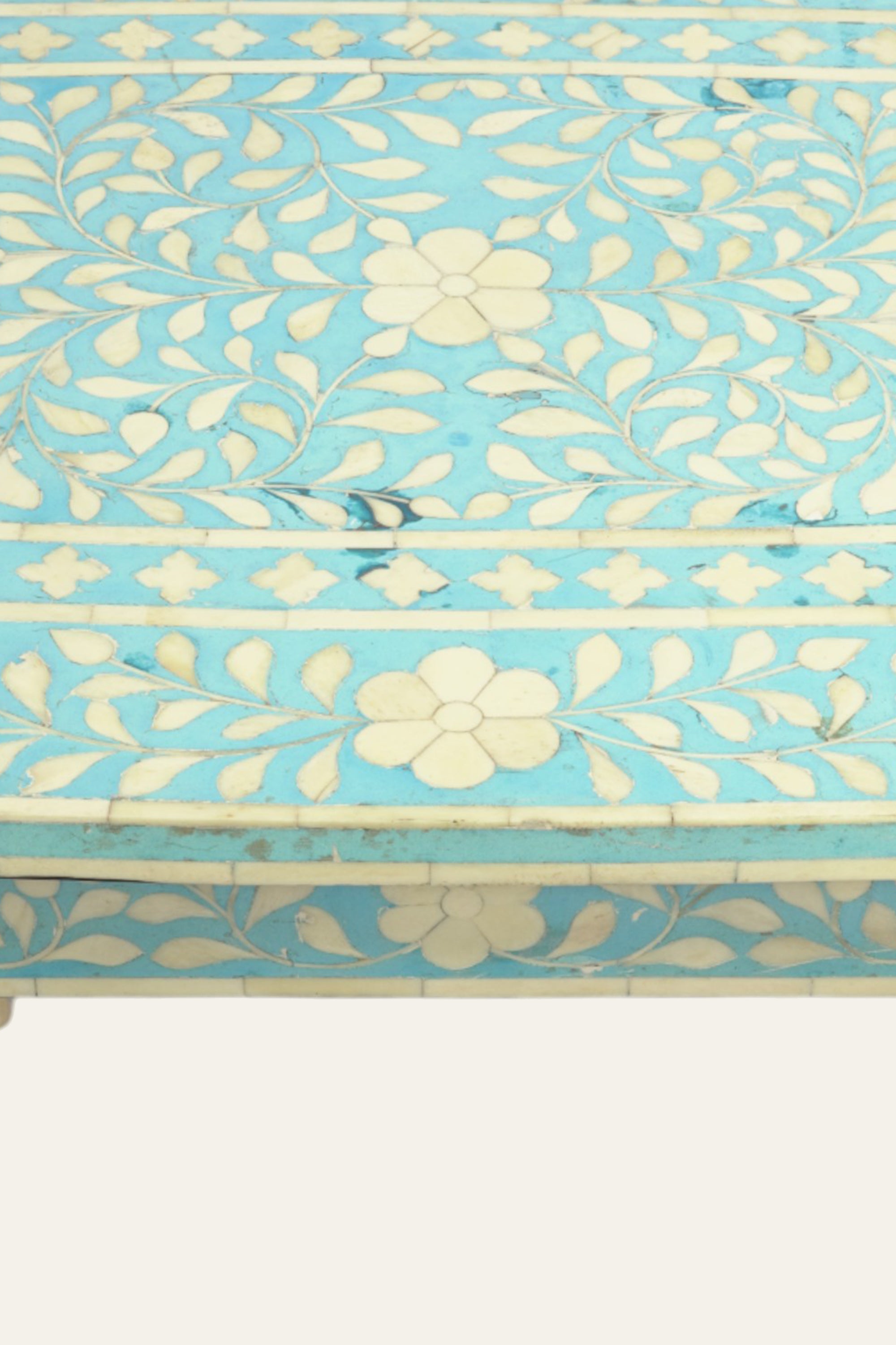 Blue Floral Inlay Wooden Stool for Living Room, Bedroom & Accent Corners