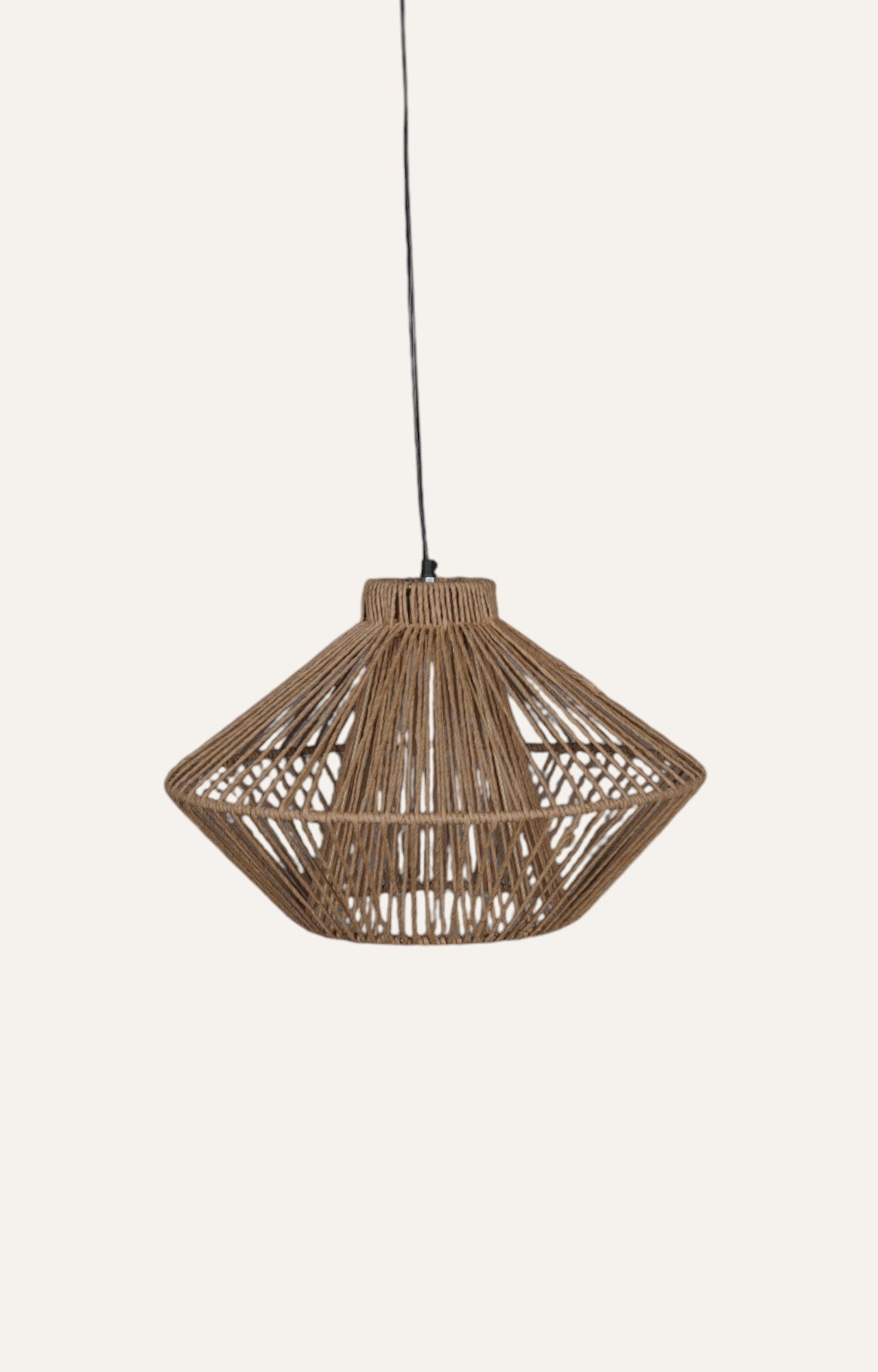 Pendant light with an open weave design made of natural raffia ropes around a metal frame.