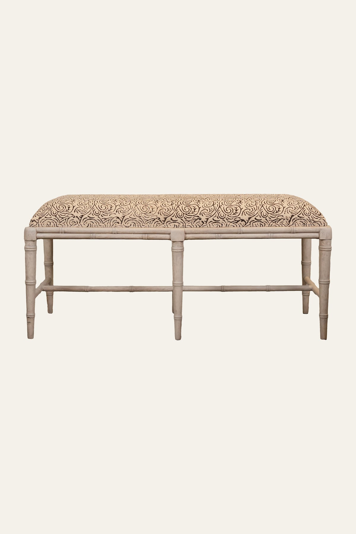 Printed Cotton Upholstered Wood Bench with Cross Stretcher Base