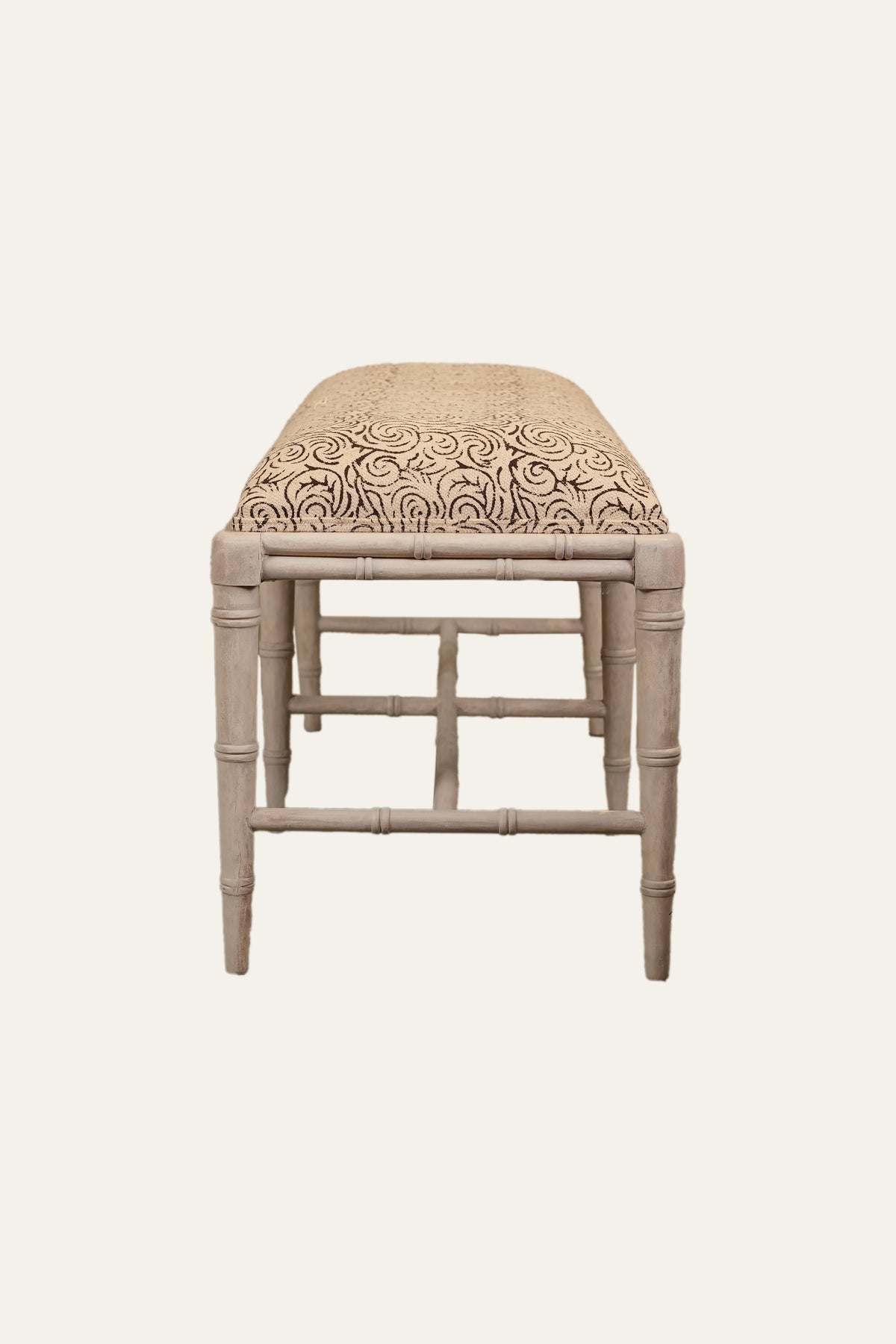Printed Cotton Upholstered Wood Bench with Cross Stretcher Base