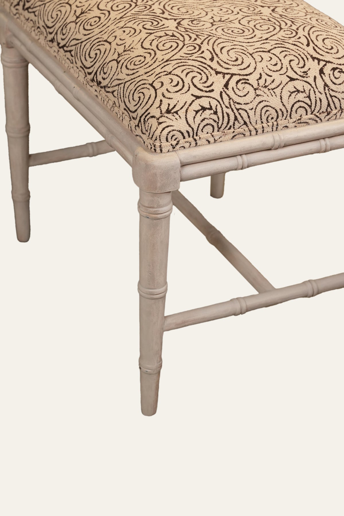 Printed Cotton Upholstered Wood Bench with Cross Stretcher Base