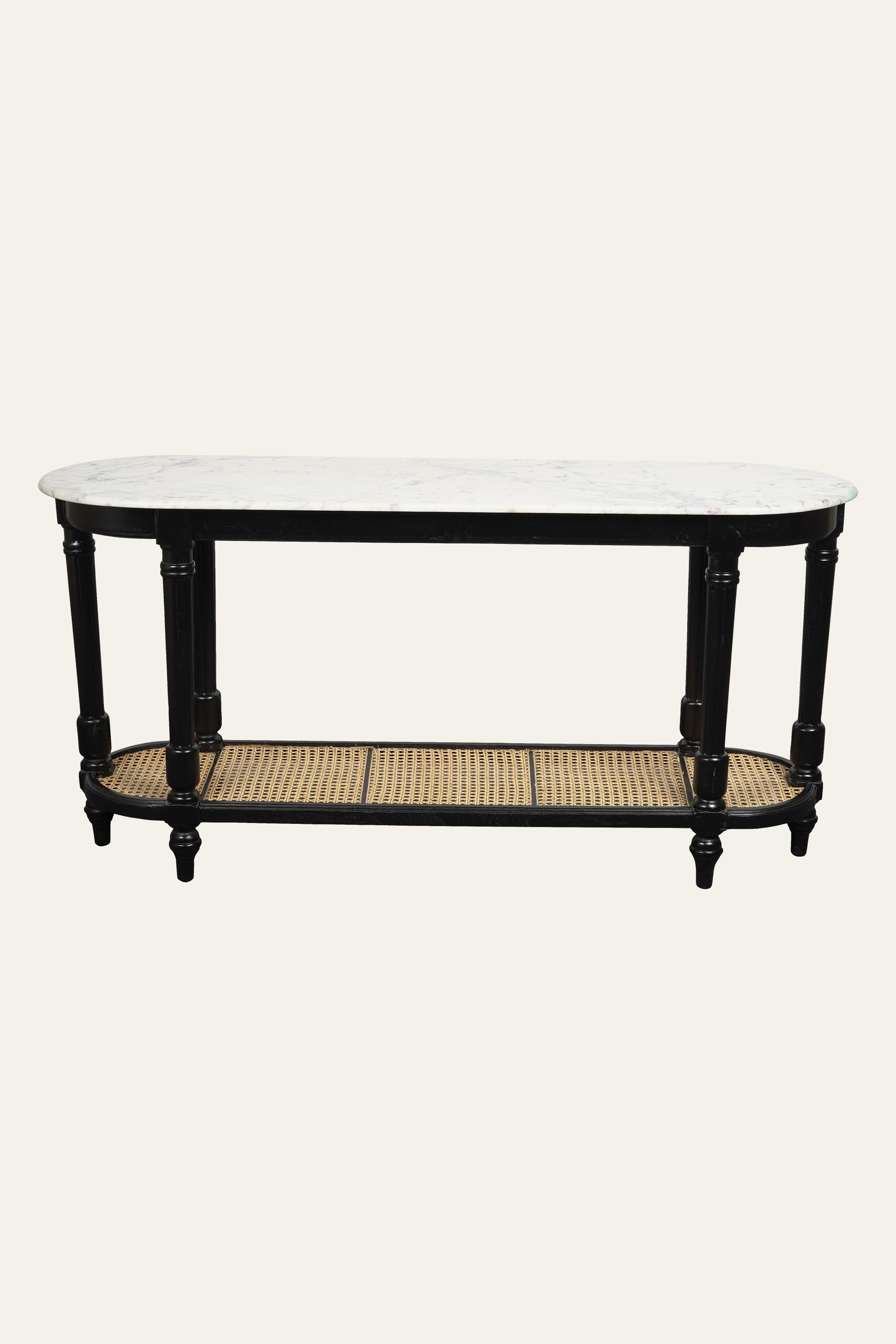 Oval Two Tier Marble Console Table with Cane Shelf & Wood Frame