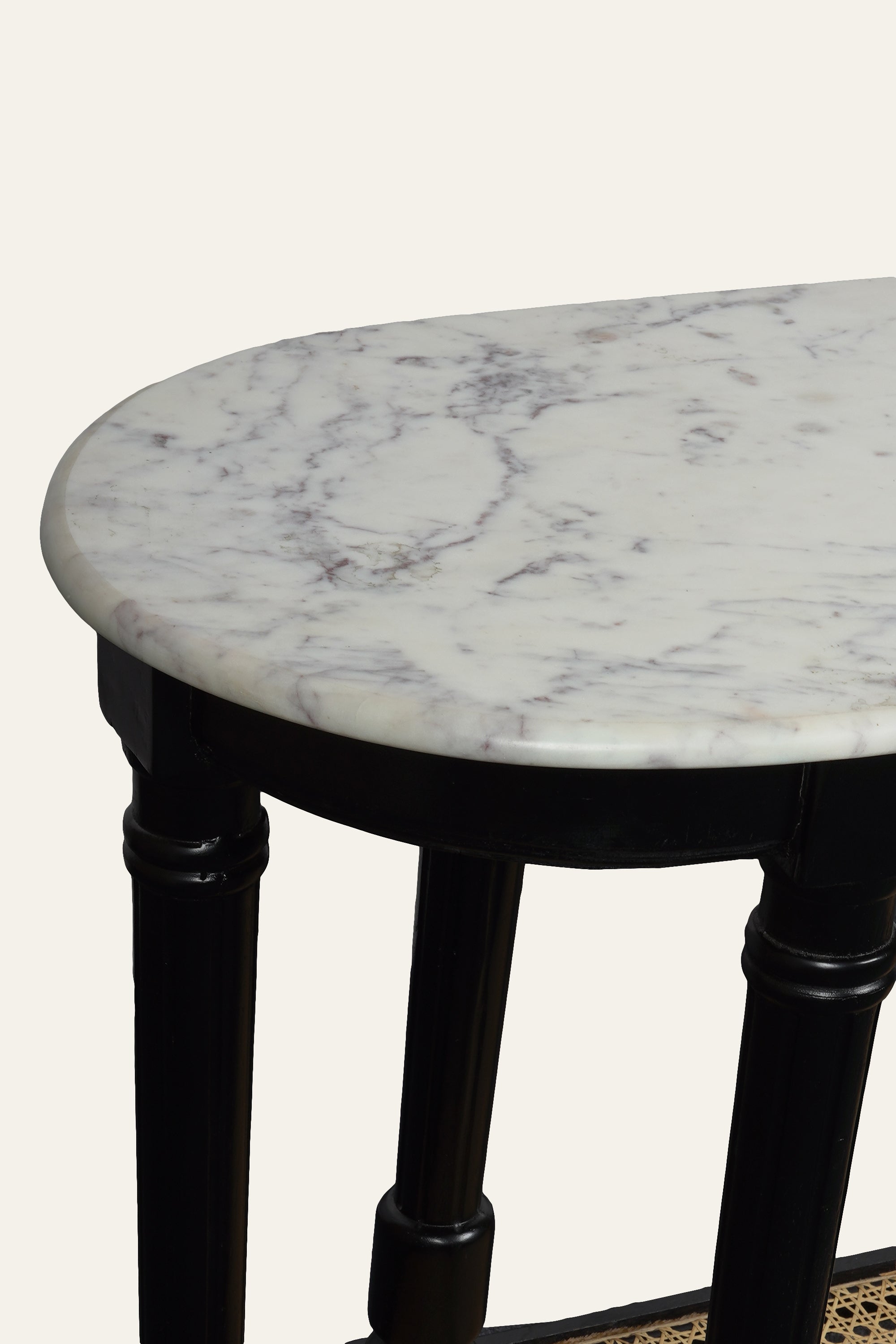 Oval Two Tier Marble Console Table with Cane Shelf & Wood Frame
