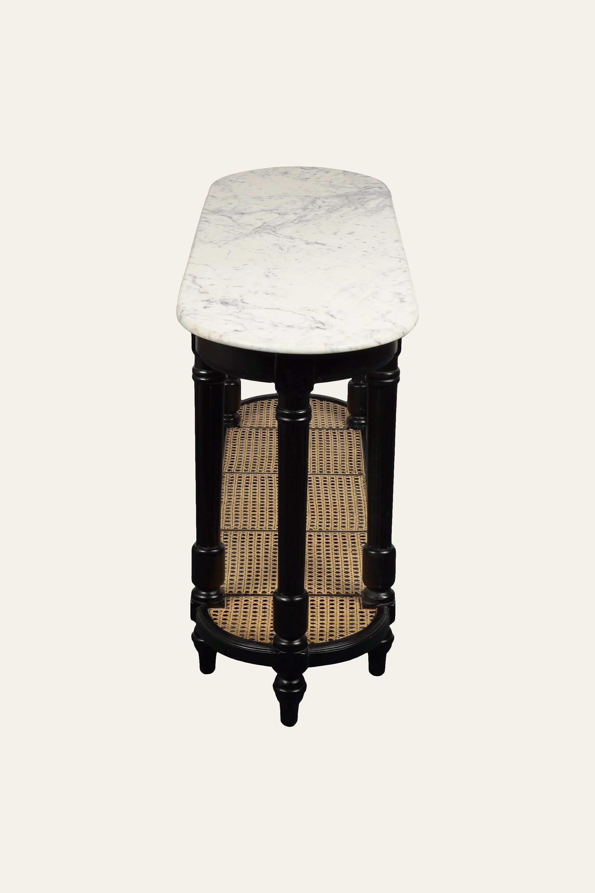 Oval Two Tier Marble Console Table with Cane Shelf & Wood Frame