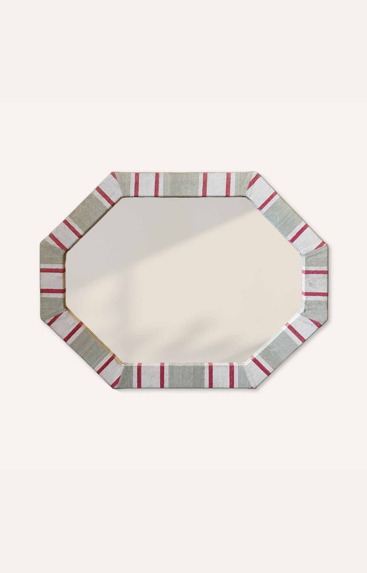 Octagonal upholestry Wood Mirror with Red and White Stripes