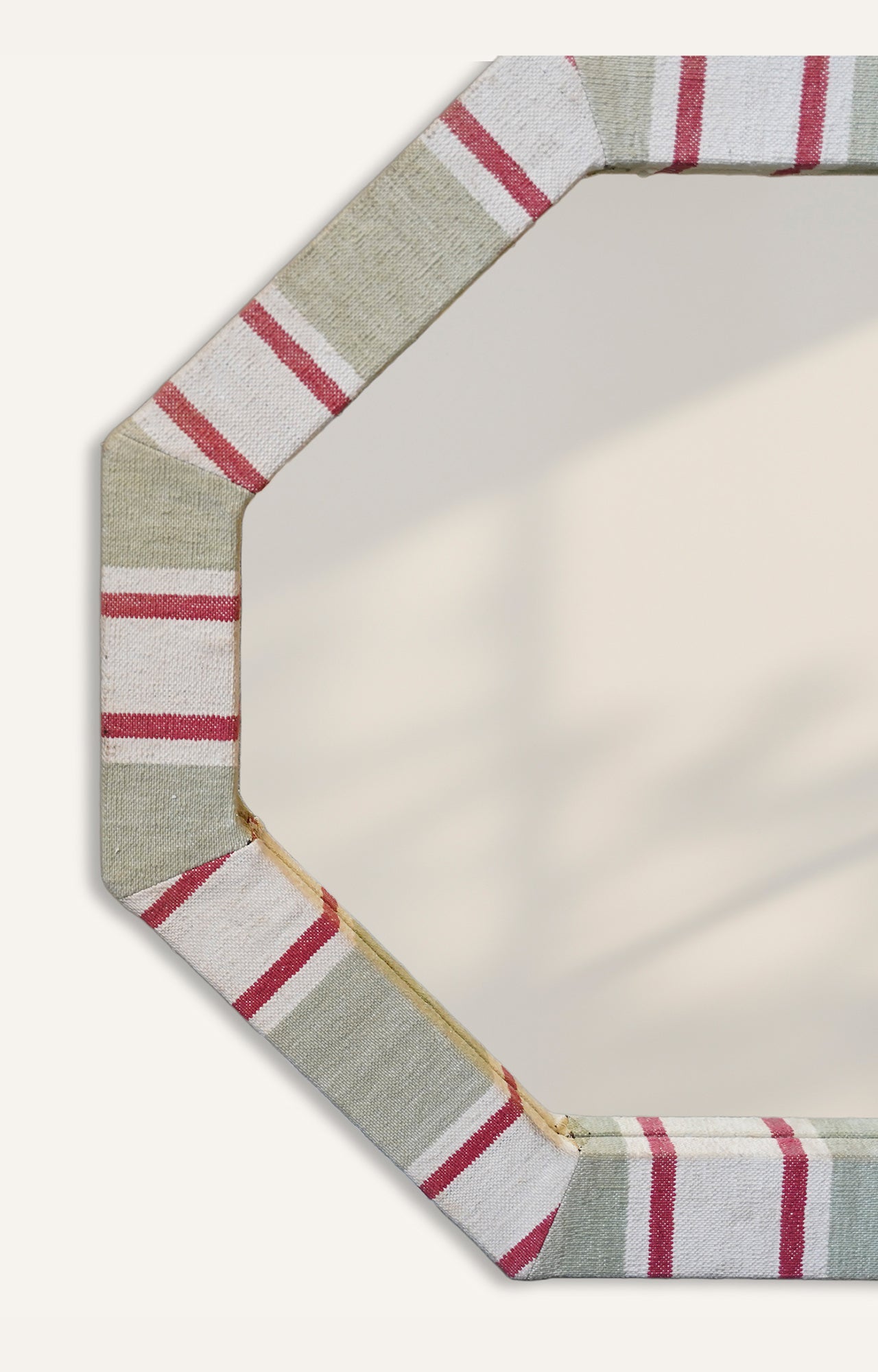 Octagonal upholestry Wood Mirror with Red and White Stripes