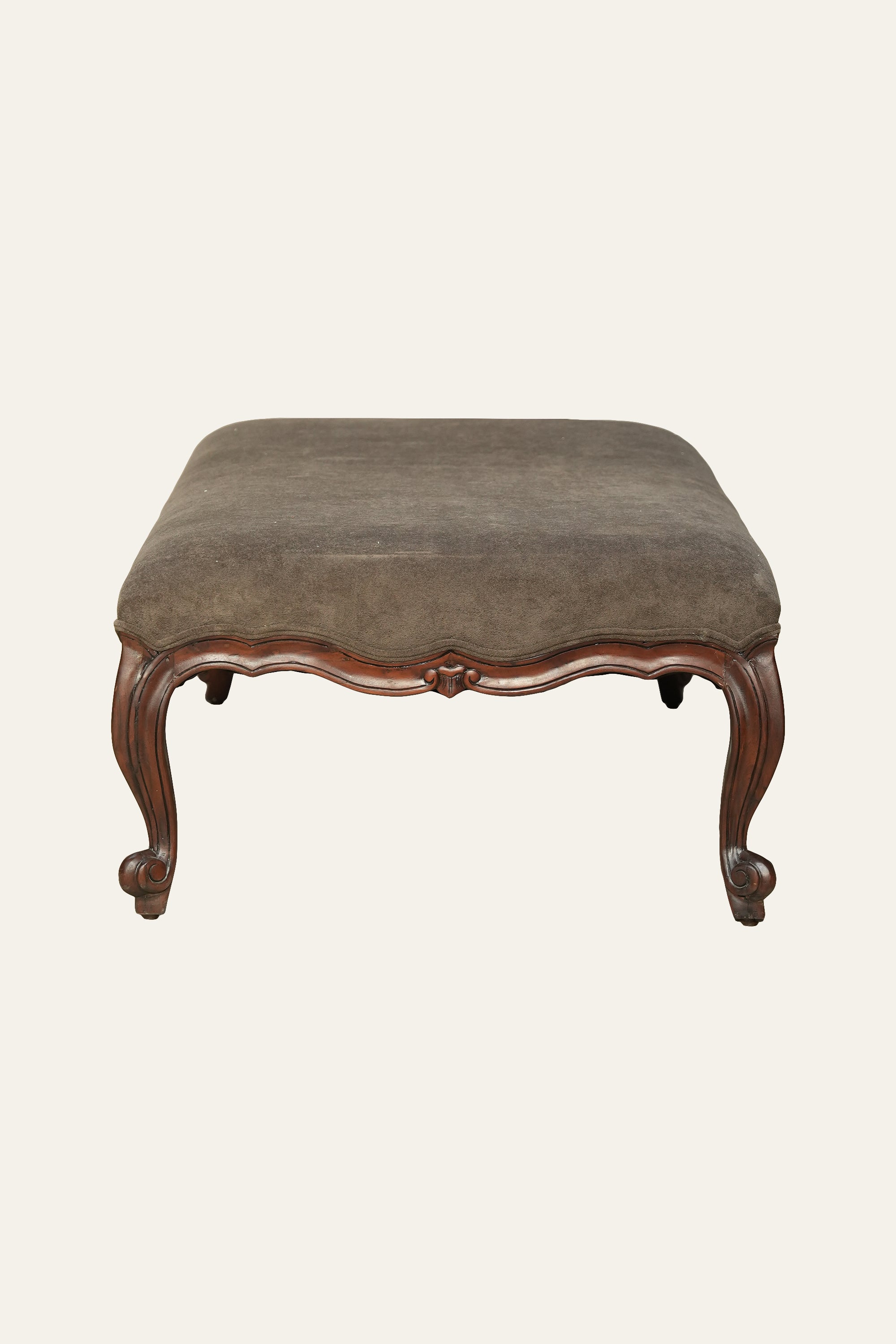 French Louis XV Style Carved Wood Upholstered Ottoman for Living Room