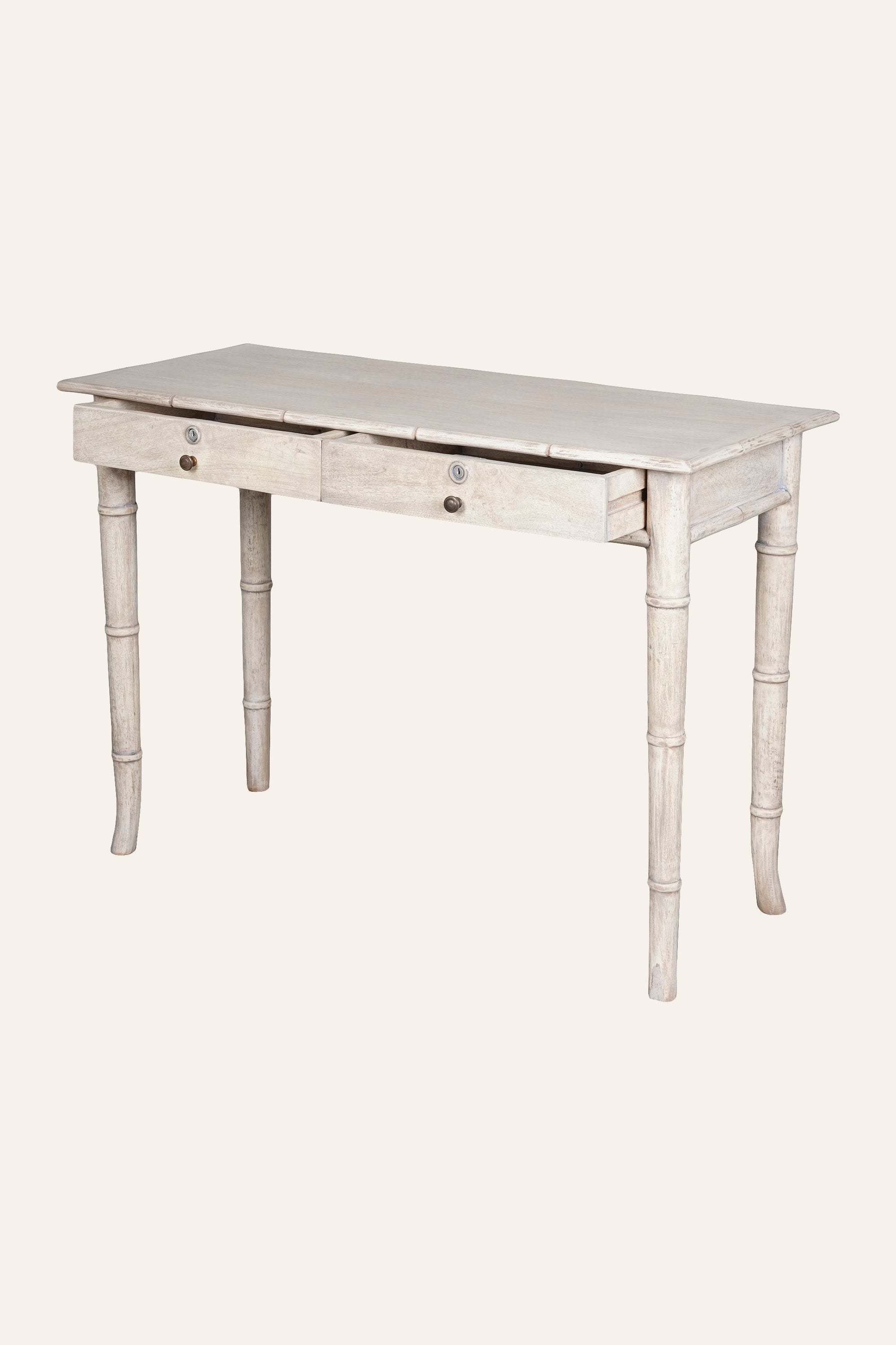 Distressed White Bamboo Style Study Table with Storage Drawers