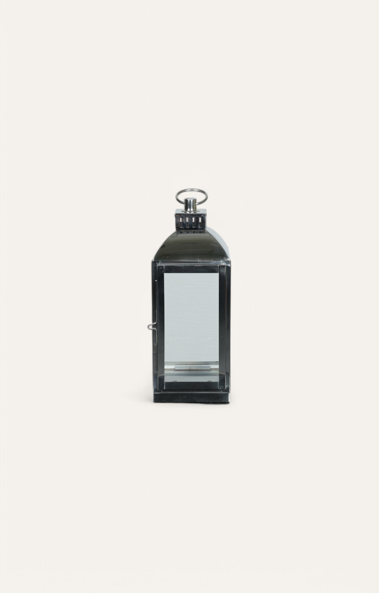 Square Glass Lantern with Ring Handle and Stainless Steel Rim