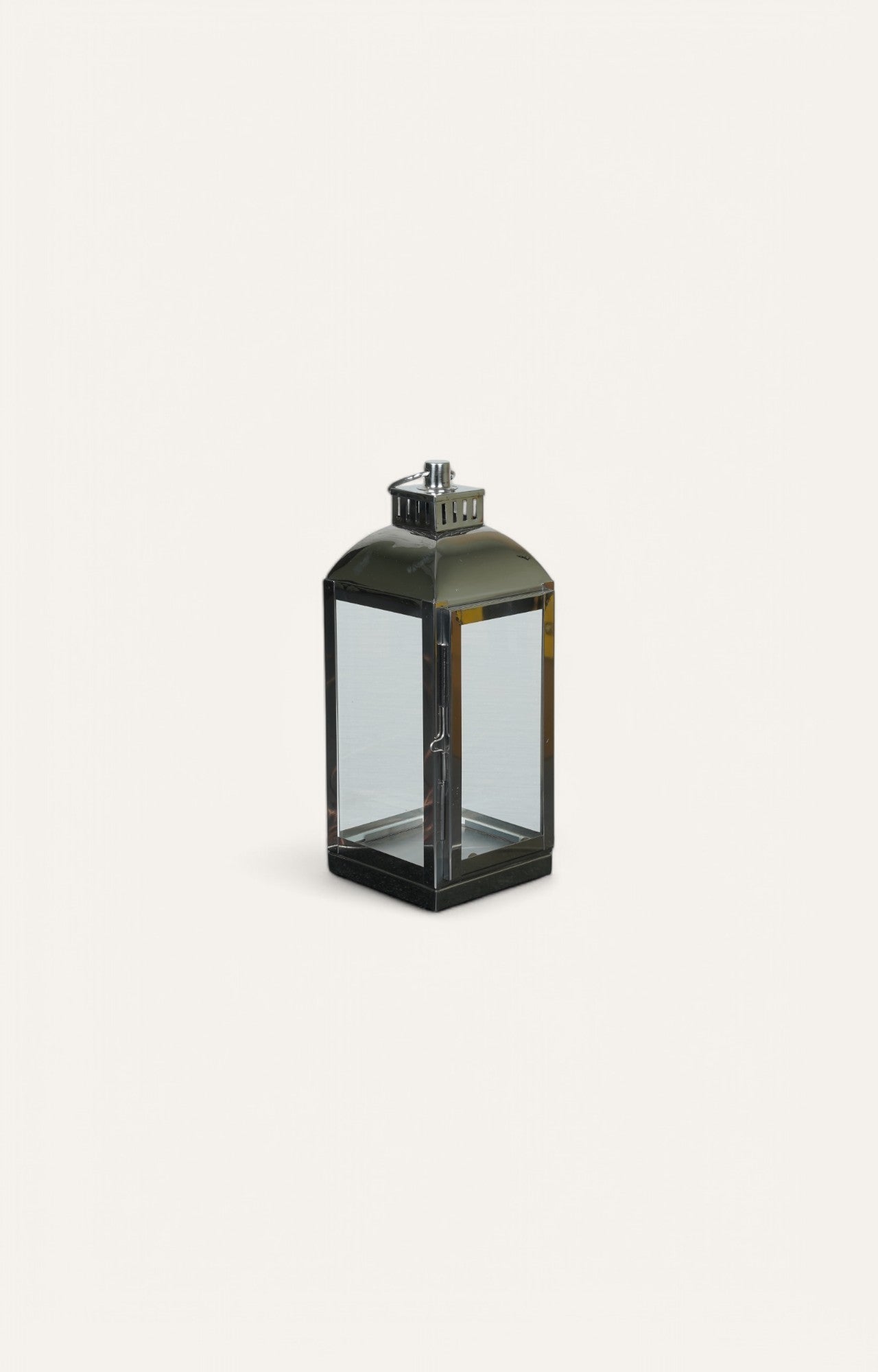 Square Glass Lantern with Ring Handle and Stainless Steel Rim