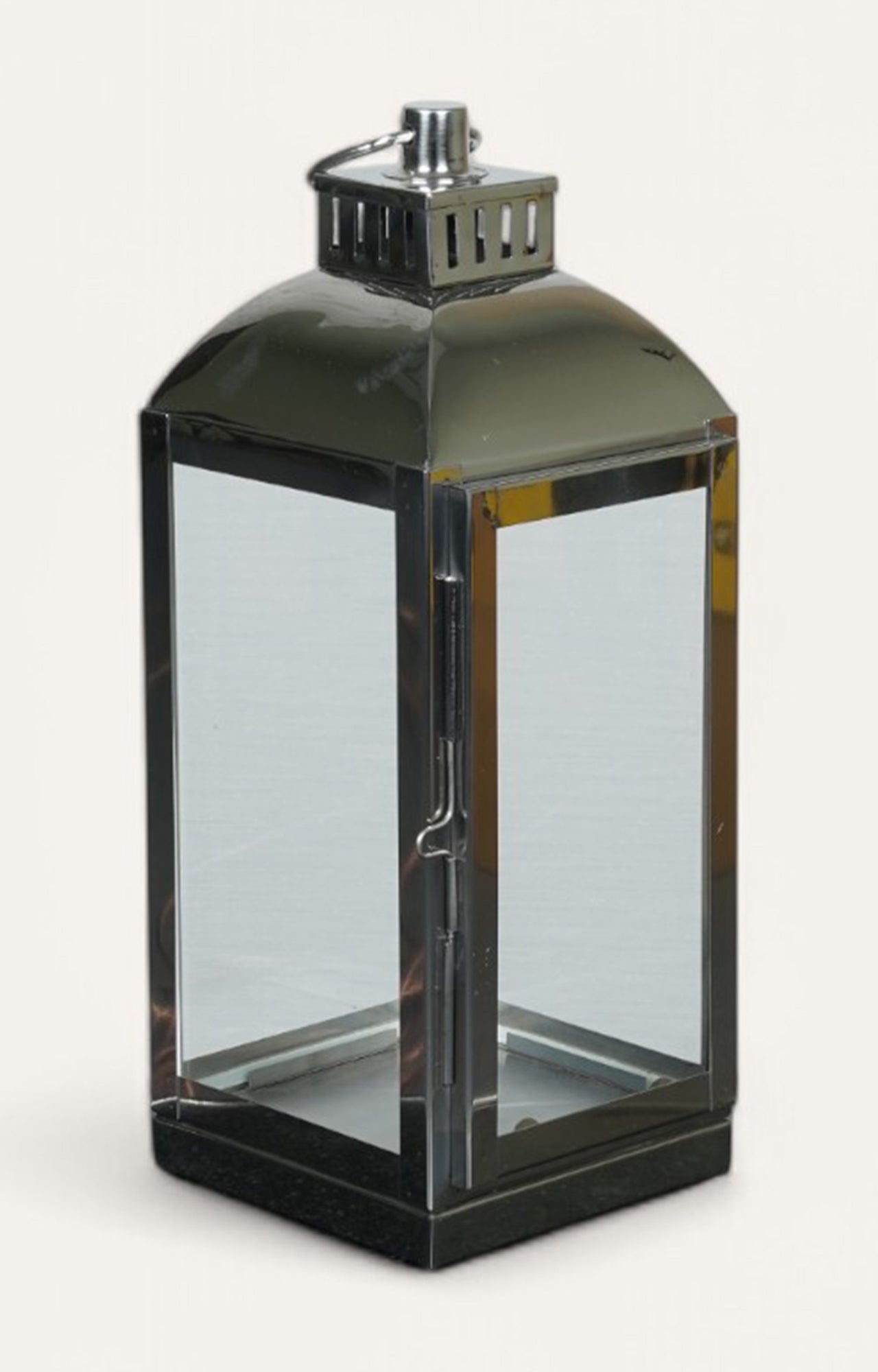 Square Glass Lantern with Ring Handle and Stainless Steel Rim