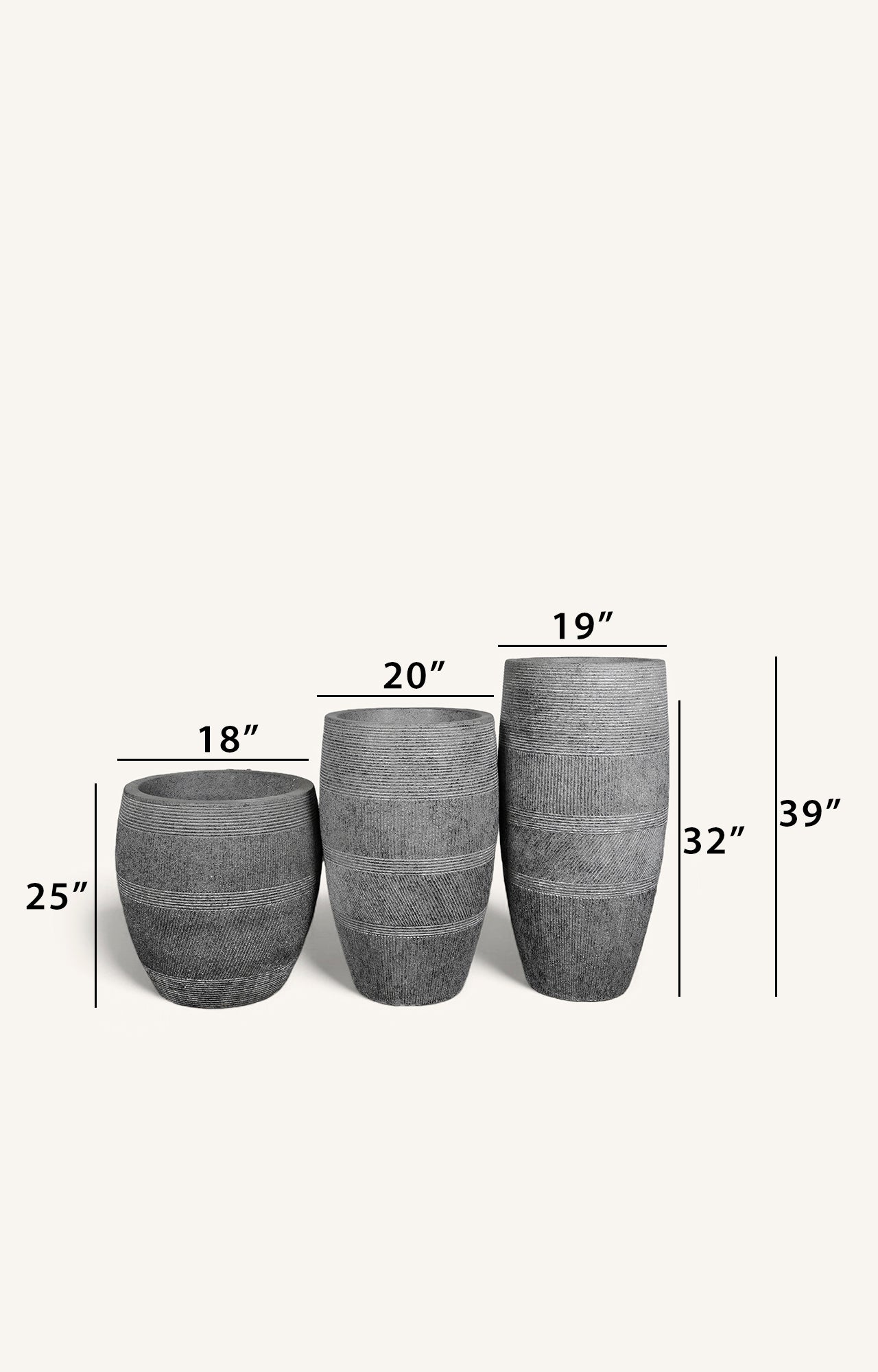 Elegant Trio of Grey Ceramic Planters with Textured Horizontal Design