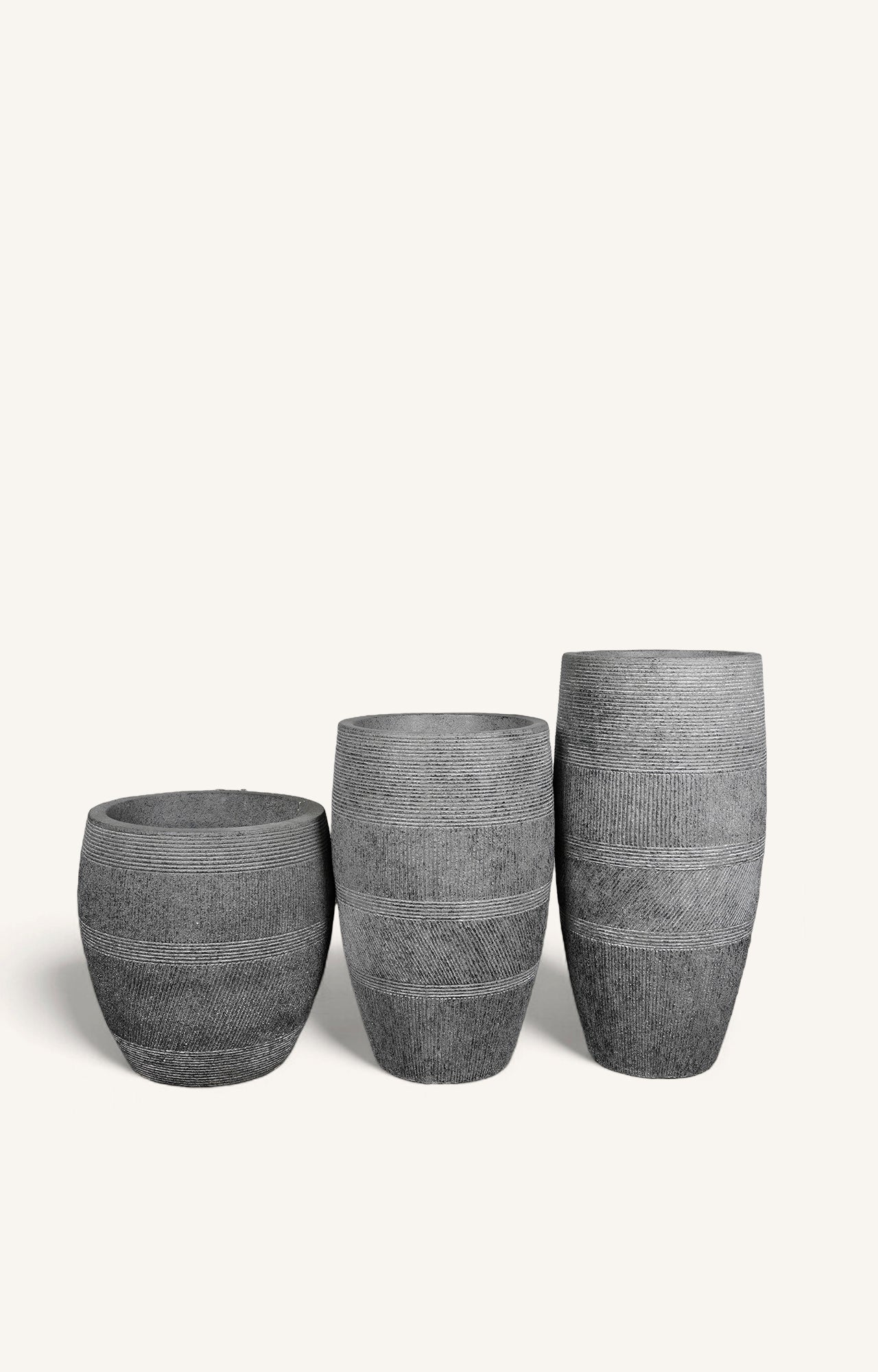 Elegant Trio of Grey Ceramic Planters with Textured Horizontal Design