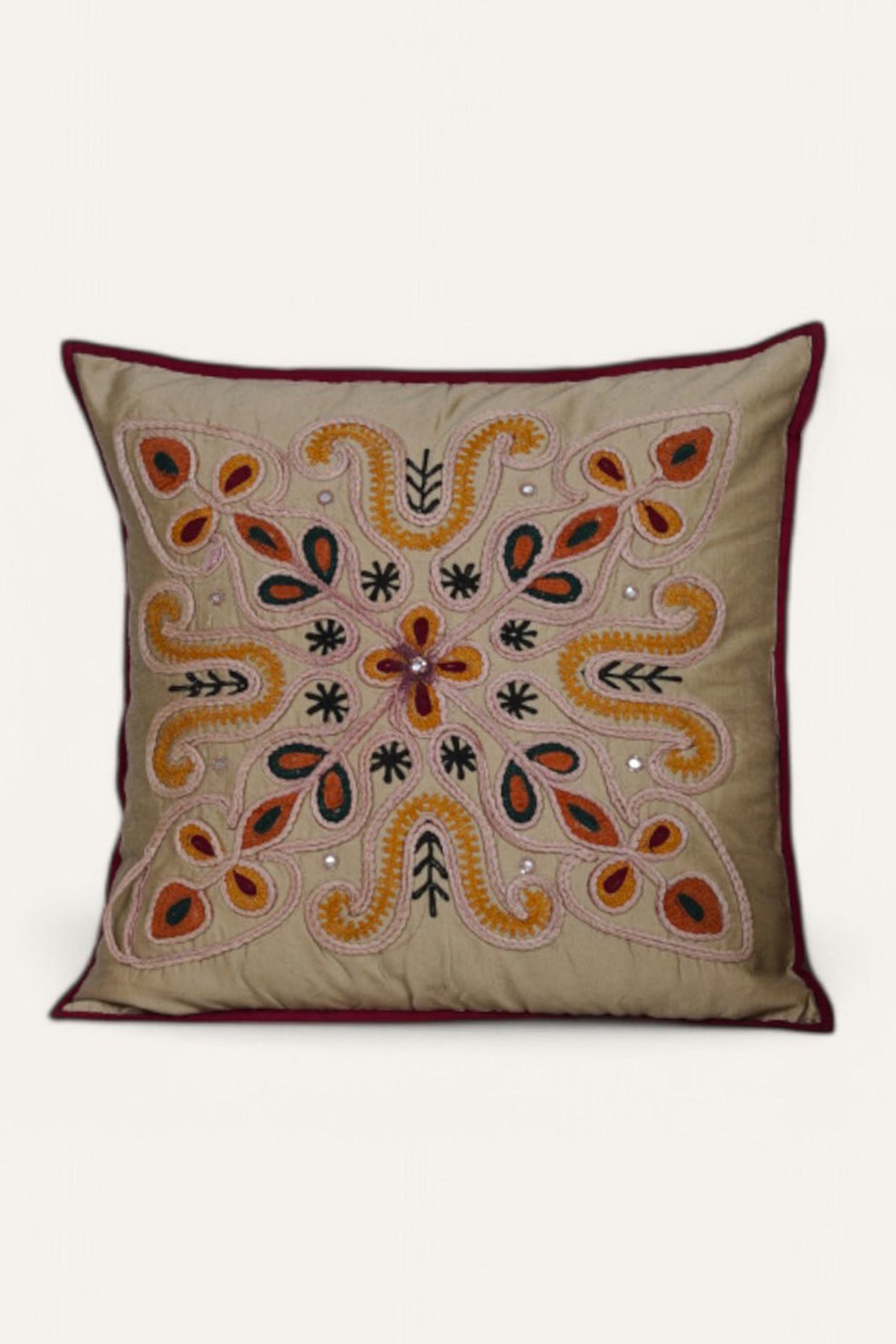 Rustic Floral Embroidered Cushion