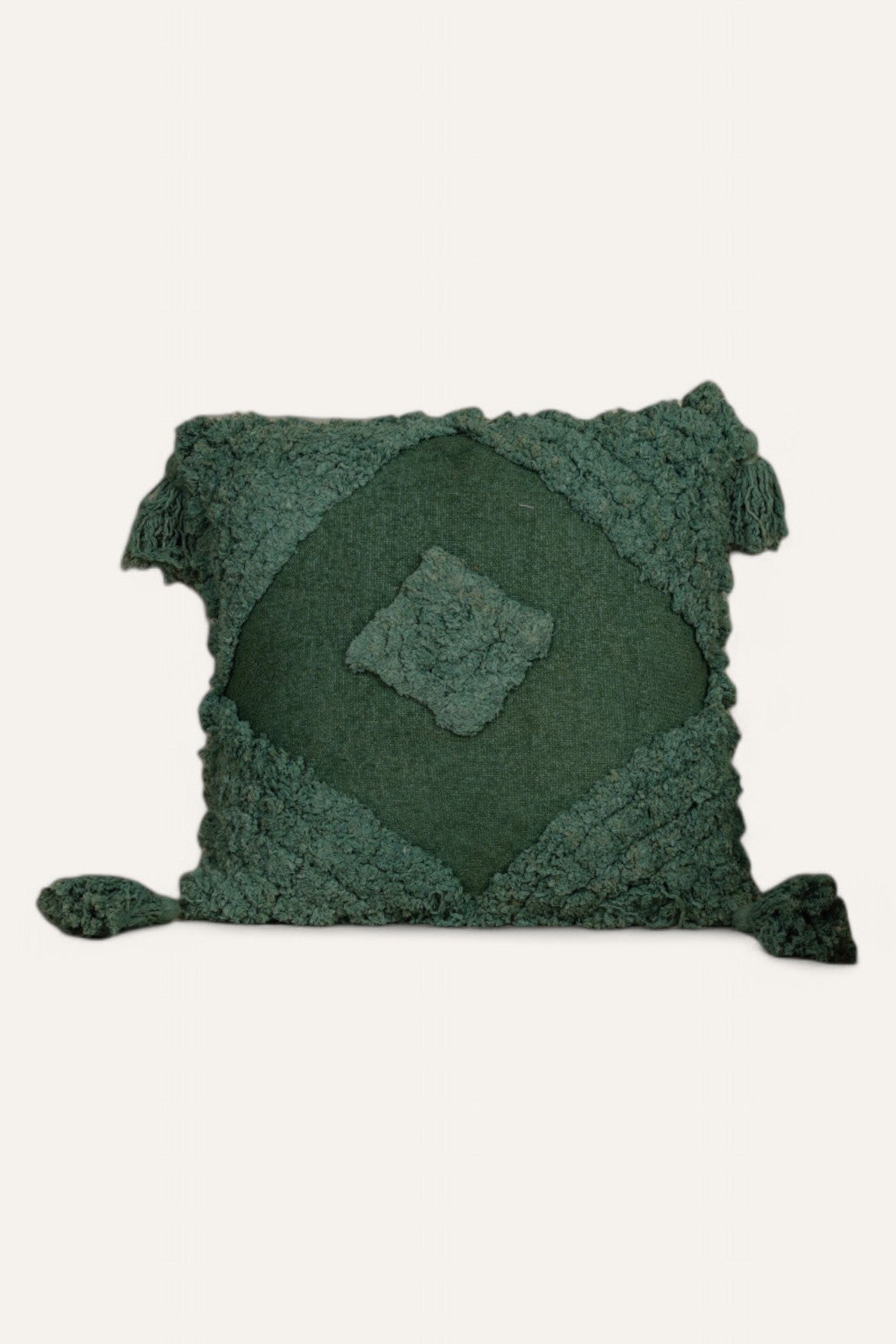 Green Tufted Cushion with Tassel Detailing