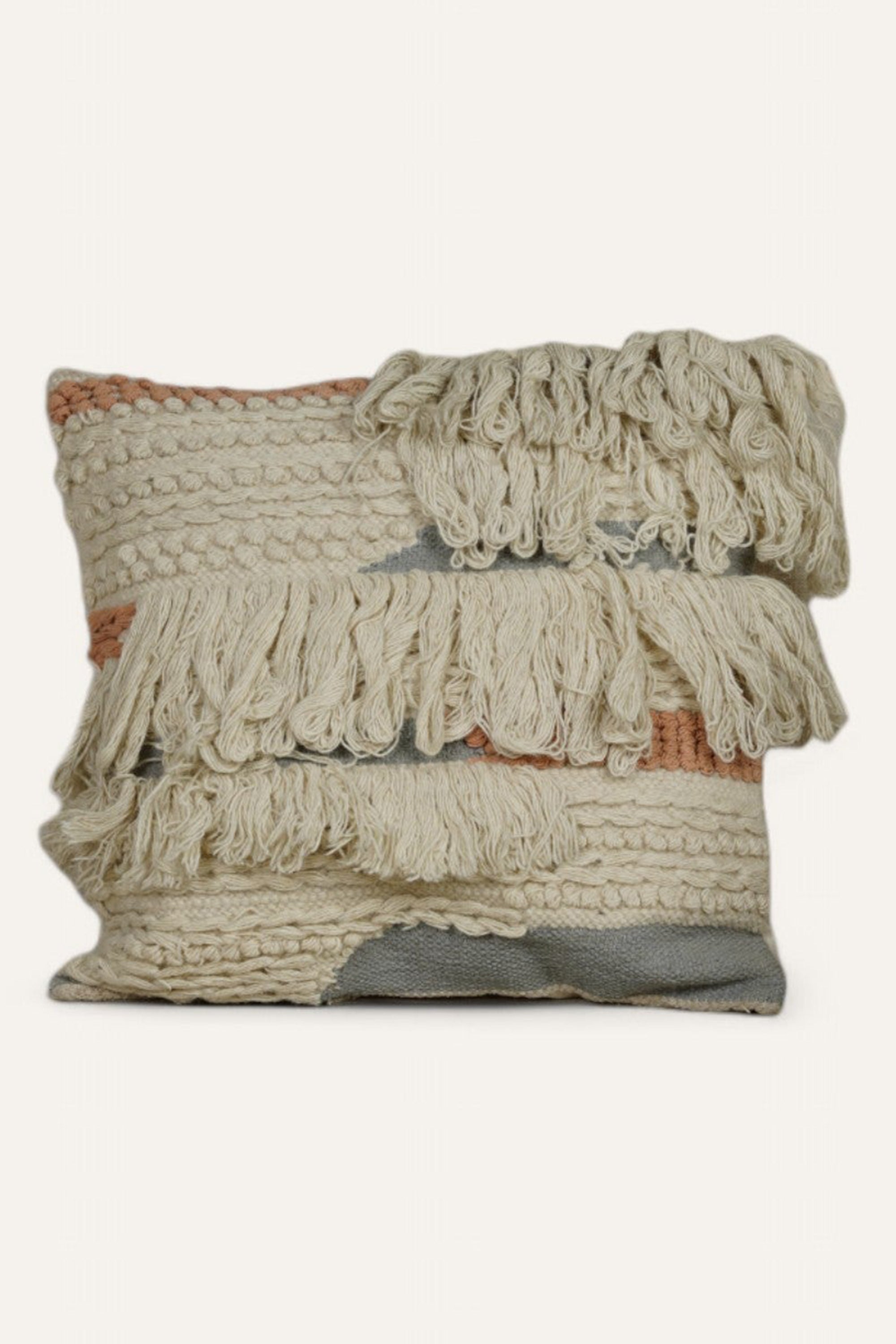 Handwoven Textured Cushion with Layered Fringes