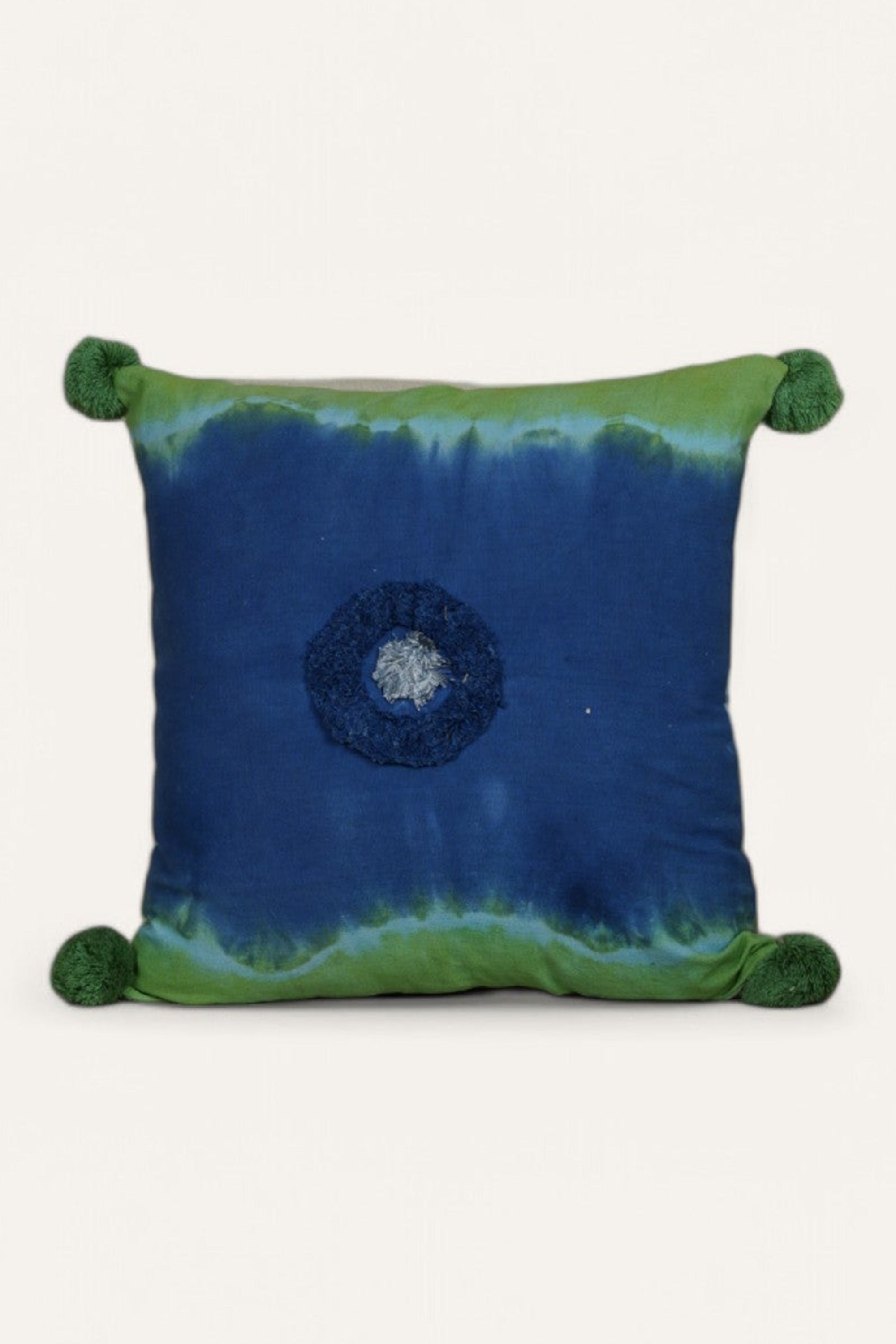 Indigo & Green Tie-Dye Cushion with Pom-Pom Accents