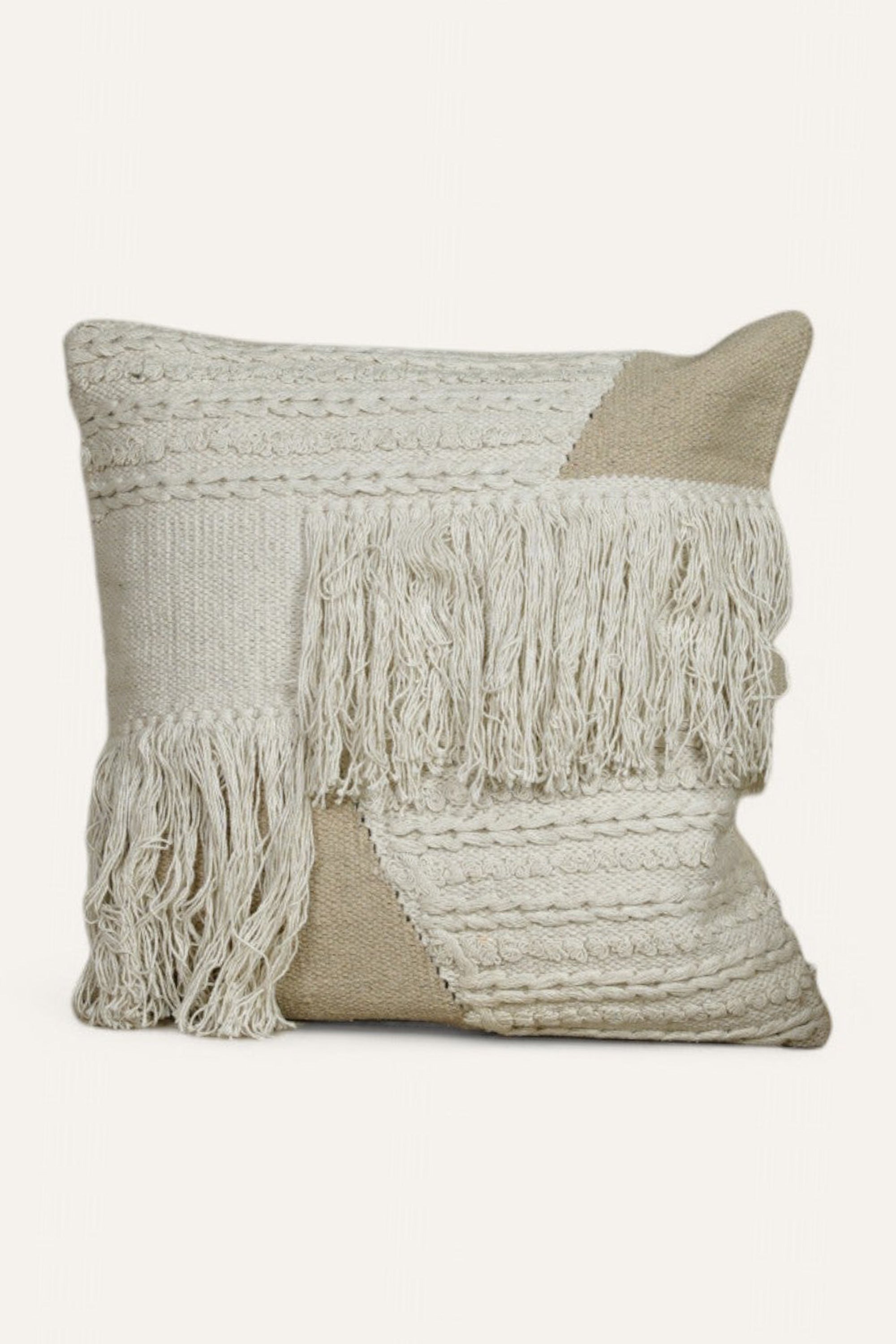 Textured Off-White Cushion with Layered Fringes